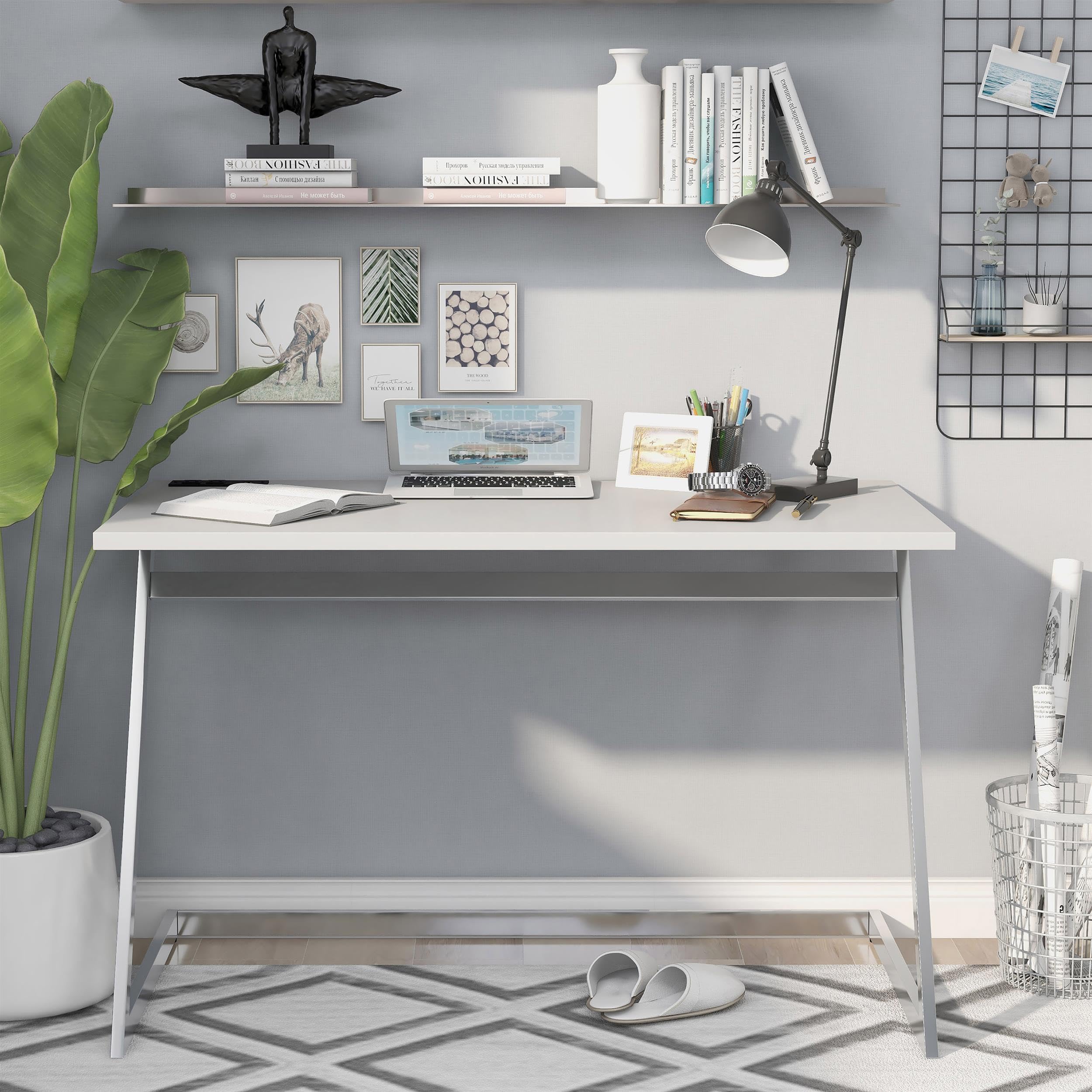 Furniture of America Cornica Modern Metal Writing Desk with USB Ports - White & Chrome Finish for Home Office, Study, or Dorm Room Workspace
