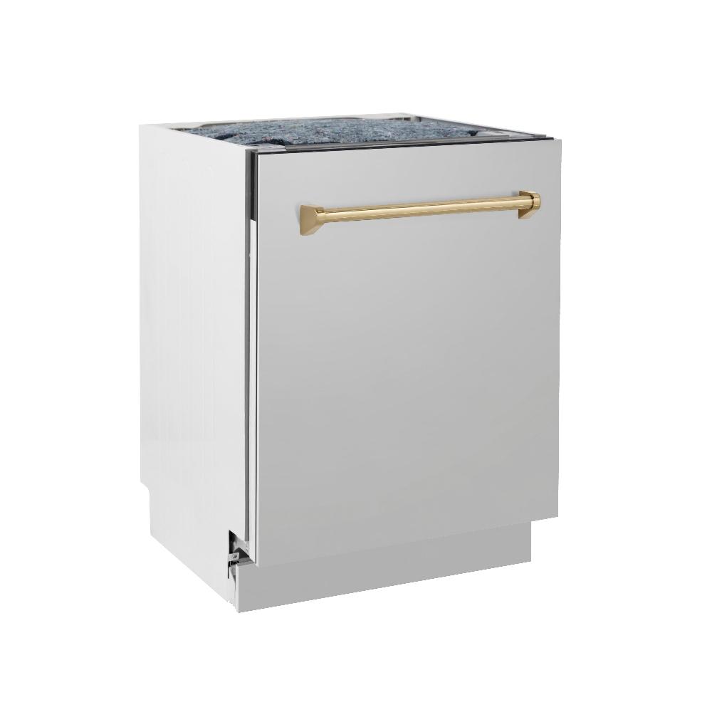 ZLINE Autograph Edition 24-inch 3rd Rack Top Control Tall Tub Dishwasher - Stainless Steel with Champagne Bronze Handle, 51dBa Ultra Quiet (DWVZ 304 24 CB) - Perfect for Modern Kitchens and Open-Concept Homes