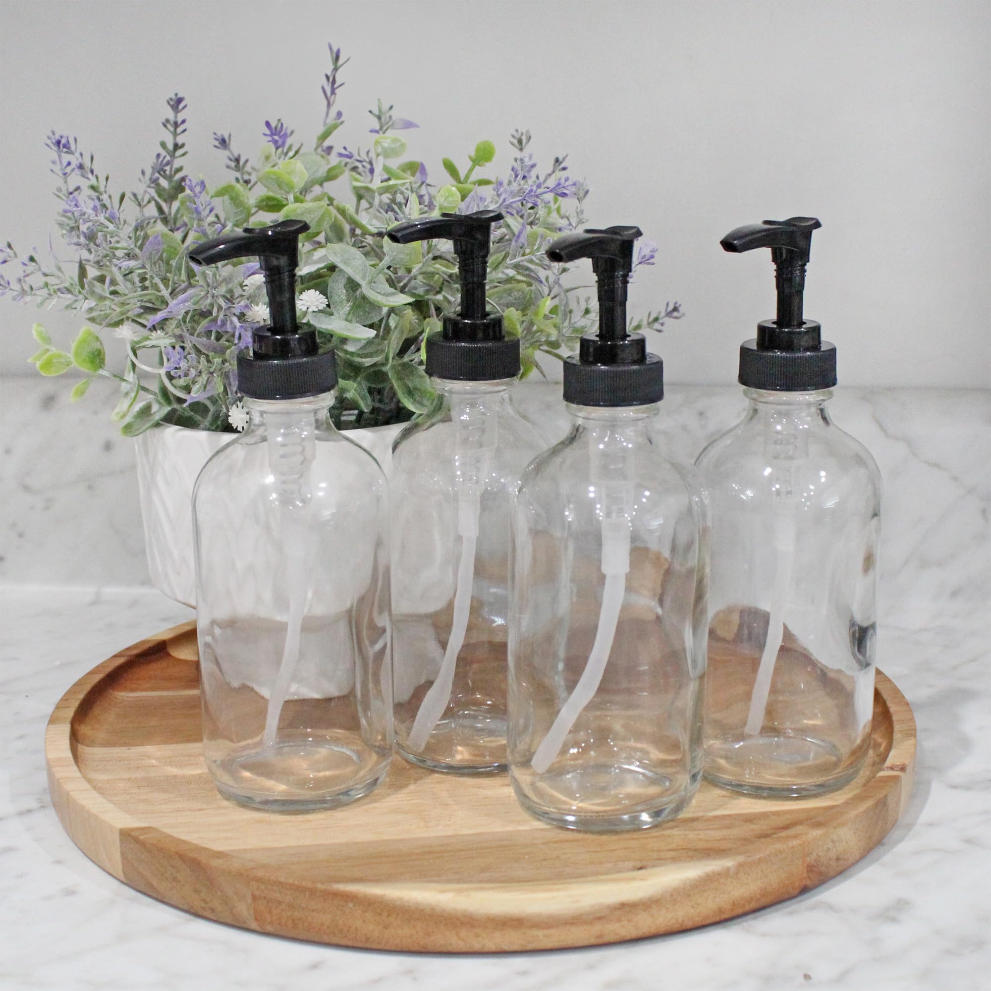 Premium 8oz Clear Glass Pump Bottles (4-Pack with Black Plastic Pumps) - Essential Oil Dispensers, Lotion Containers, Soap Bottles for Bathroom, Kitchen & Home Decor | Durable Leak-Proof Design