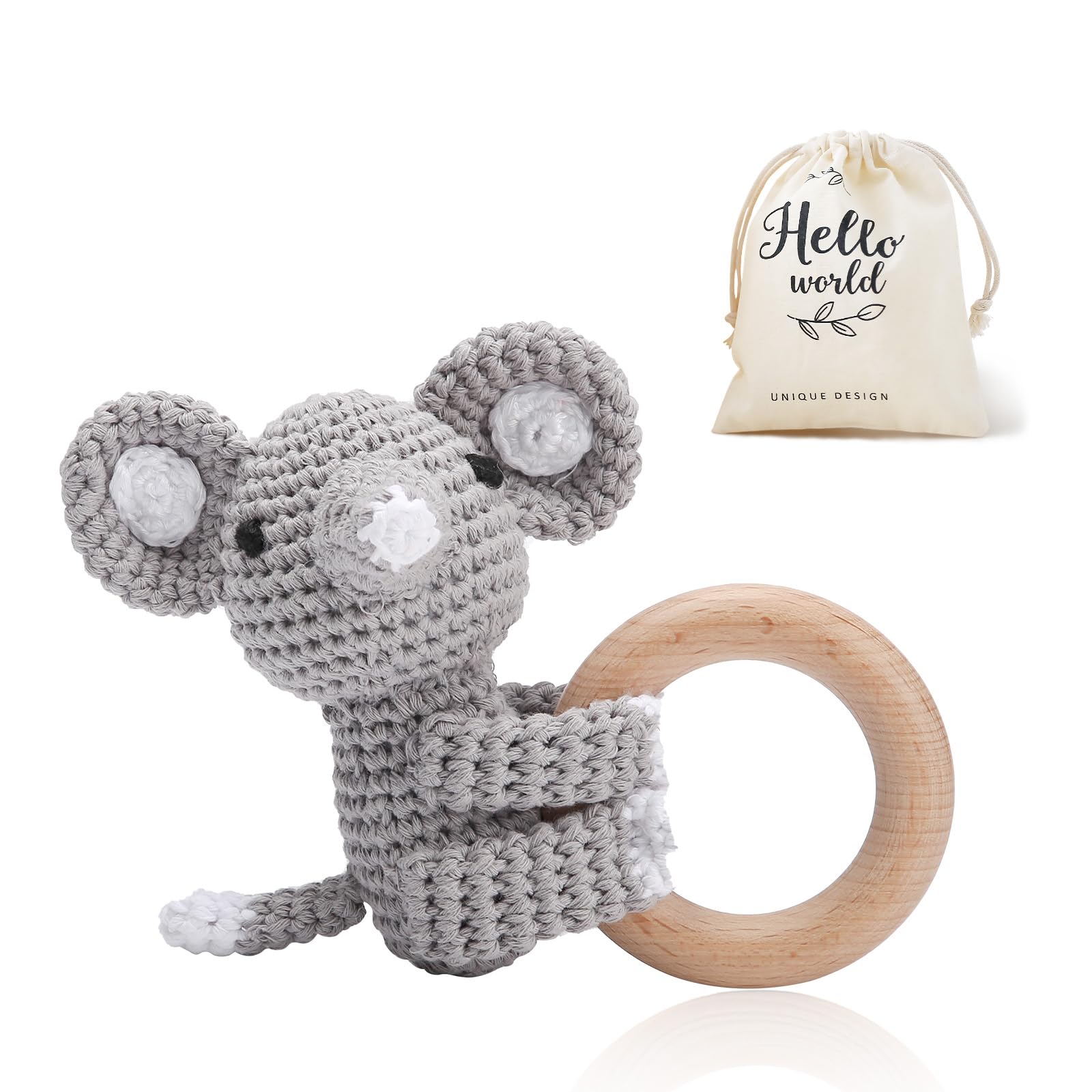 Organic Wooden Teether & Crochet Baby Rattle Toy - Handmade Gray Elephant Stuffed Animal Gift for Newborns | Safe Chewing Toy for Teething Babies, Infant Sensory Play & Baby Shower Gifts