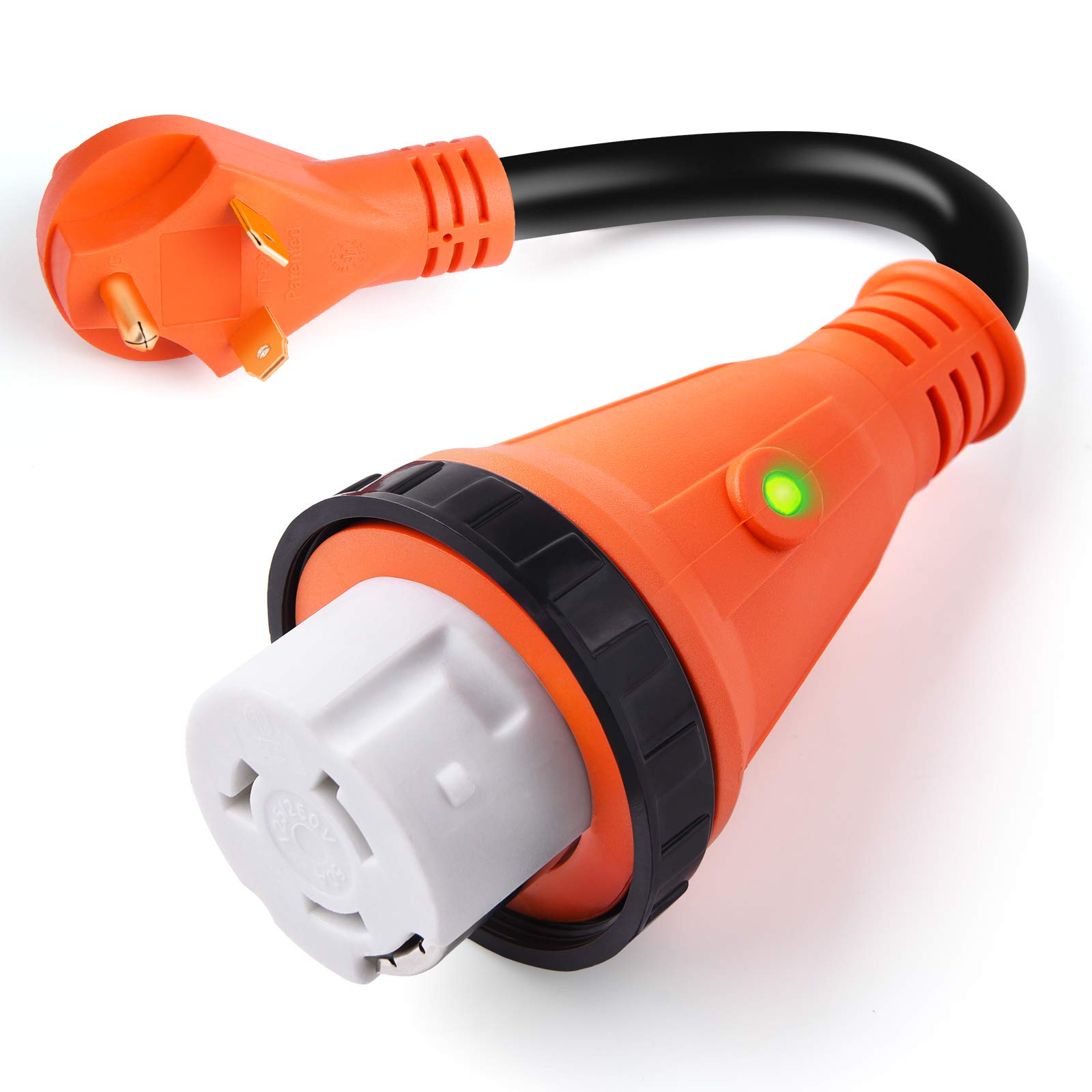 30A Male to 50A Female RV Power Cord Adapter - Heavy Duty Locking Electrical Connector with LED Indicator for Campers, RVs & Outdoor Power Supply