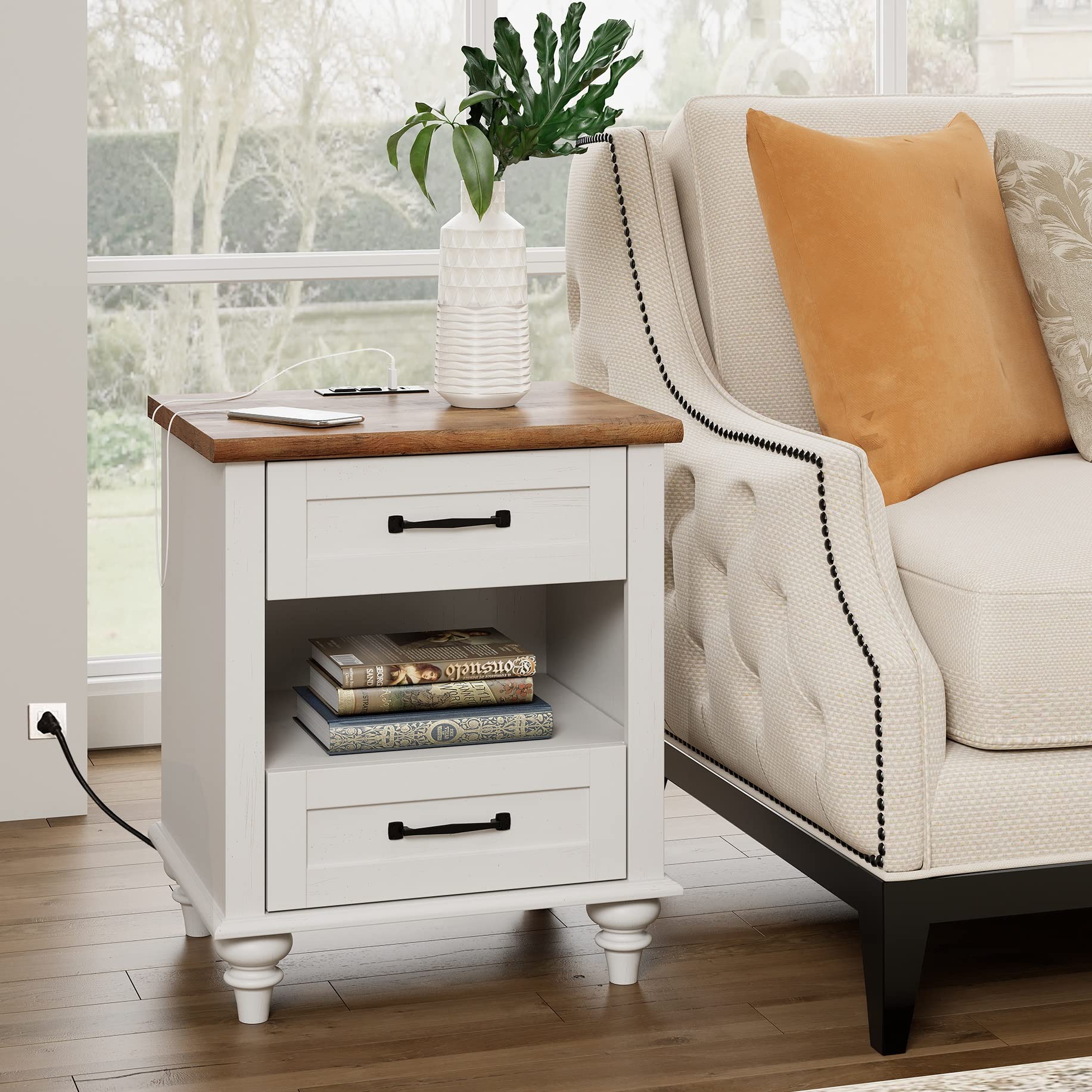 WAMPAT White Nightstand with USB Charging Station, 2 Drawers & Open Shelf - Mid-Century Modern Bedside Table with Solid Wood Legs for Bedroom, Living Room - Perfect for Small Spaces, Apartment Furniture & Home Office Organization