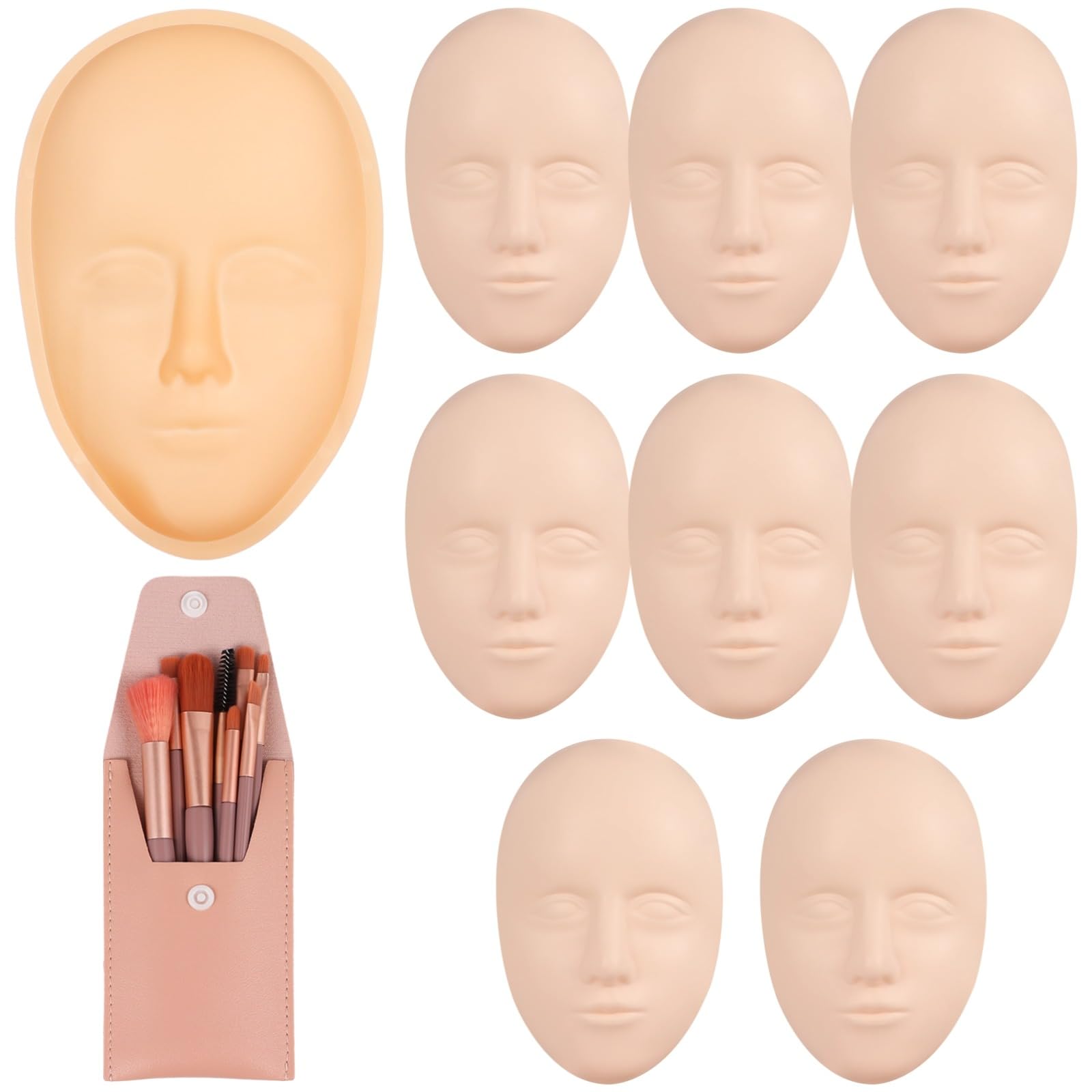 8-Piece Silicone Makeup Practice Face Kit with Mannequin Head, Practice Board & Brushes - Perfect for Beginners Learning Face Painting, Permanent Makeup & Beauty Art Creation (Great for Cosplay, Salon Training & SFX Makeup Practice)