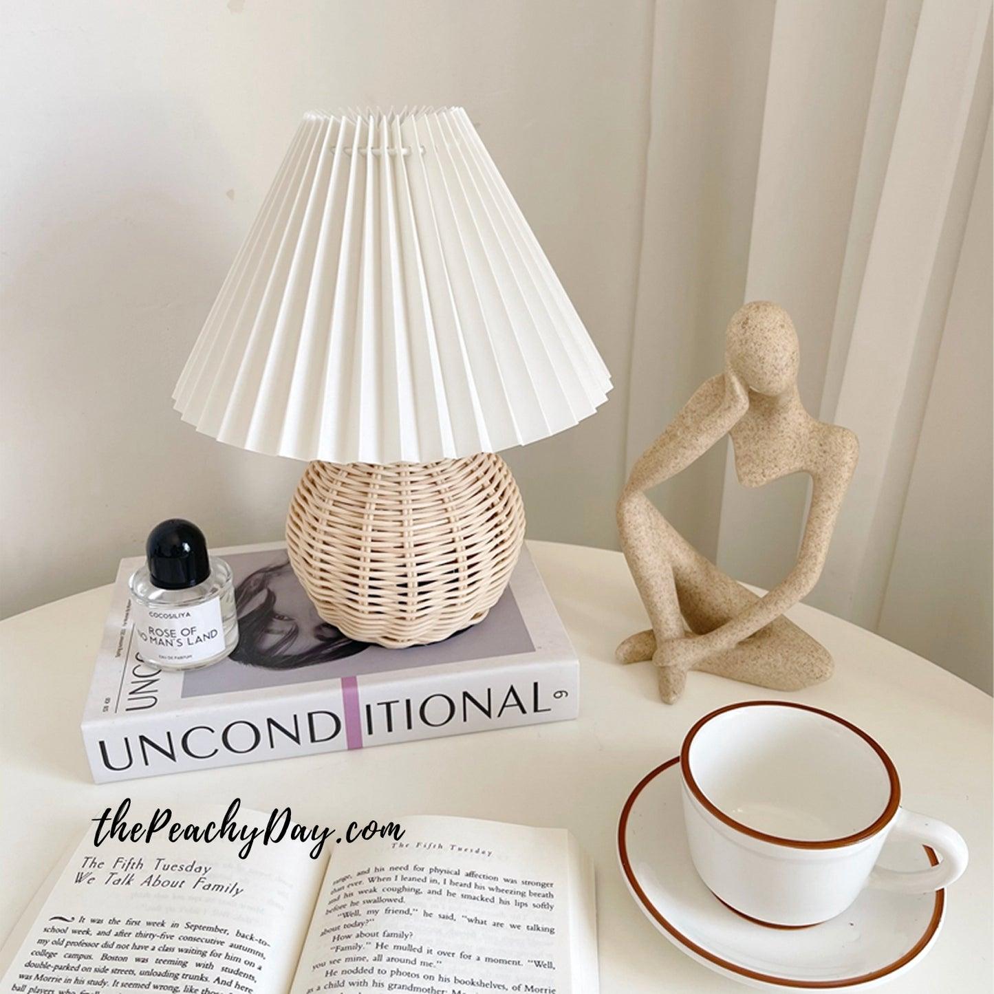 Rattan Pleated Table Lamp - Natural Woven Texture, Modern Boho Style for Bedroom, Living Room & Office Decor