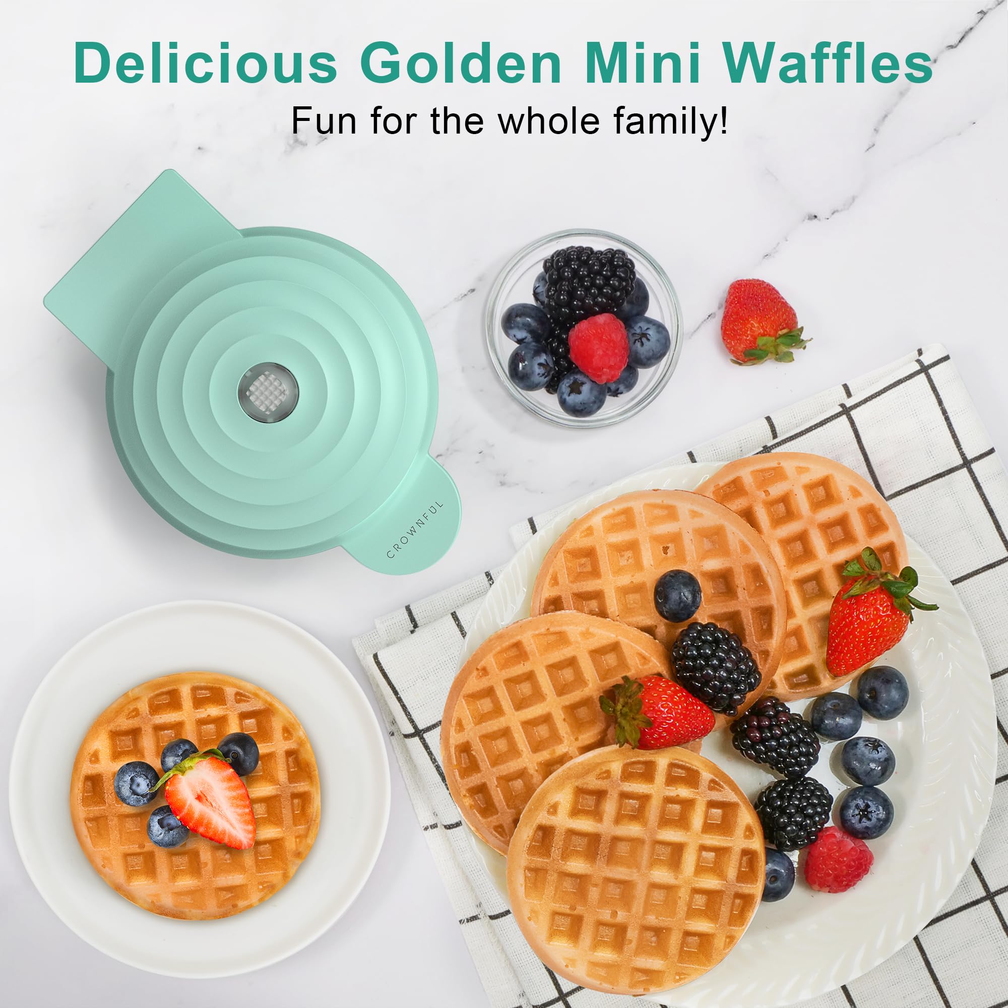 CROWNFUL 4 Inch Mini Waffle Maker - Compact Non-Stick Chaffle Maker with Recipe Guide - Easy to Clean Breakfast Sandwich Maker - Perfect for Keto, Low Carb Diets, Quick Snacks & Family Breakfasts
