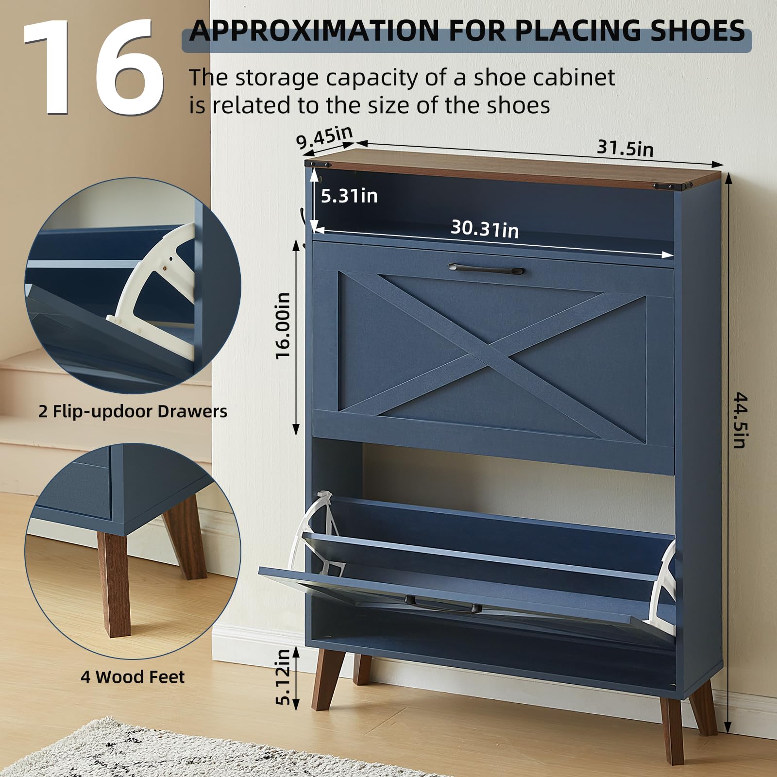 Farmhouse Shoe Storage Cabinet with 2 Flip Drawers - Narrow Hidden Shoe Organizer with Wood Legs & Open Storage - Free Standing Entryway Shoe Rack for Foyer, Hallway - Navy Blue - Perfect for Small Spaces & Clutter-Free Home Organization