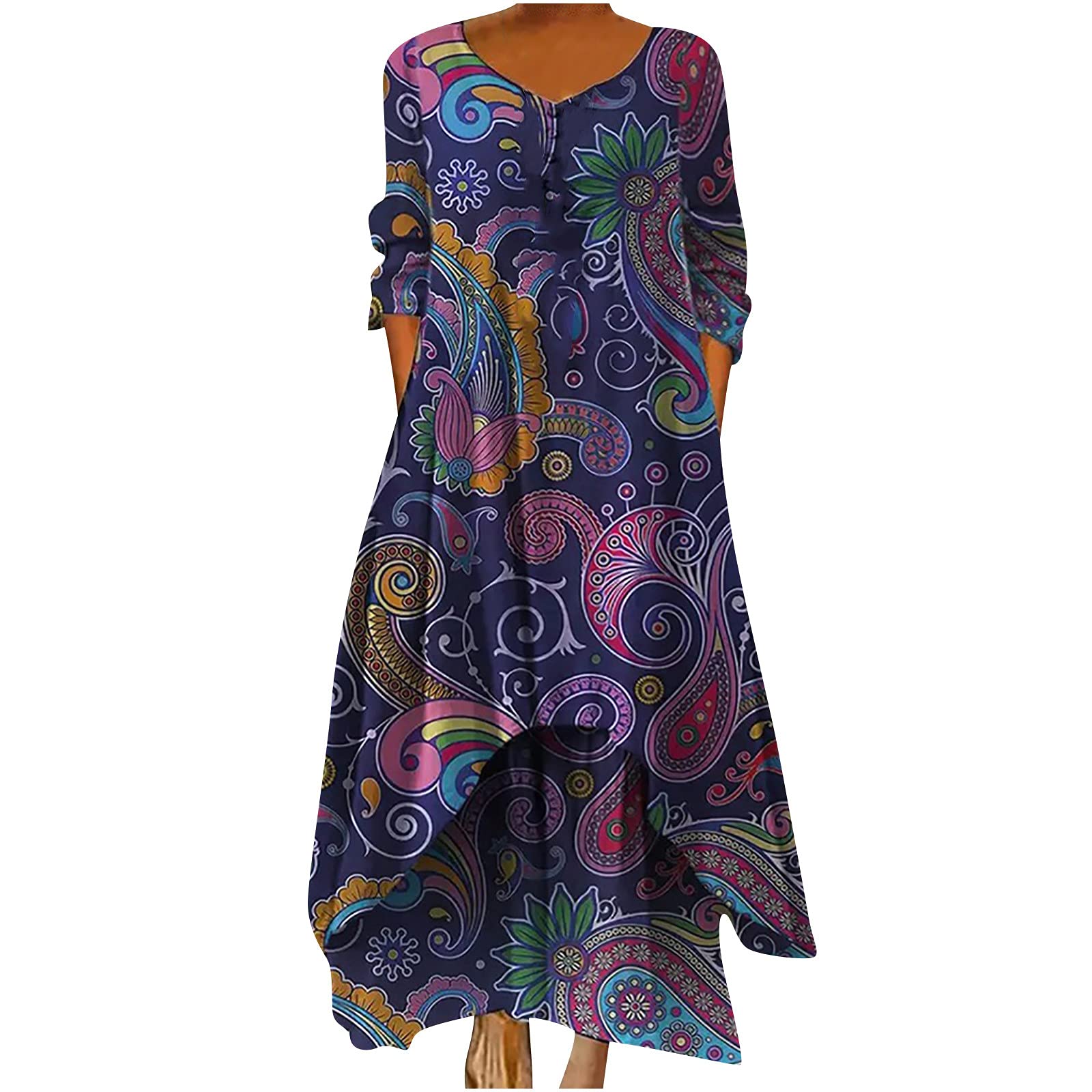 Women's Floral Print Maxi Dress - Cotton Linen Blend Long Sleeve Boho Tunic Dress with Crew Neck & Irregular Hem - Perfect for Casual Wear, Beach Cover Up, and Summer Vacation Outfits