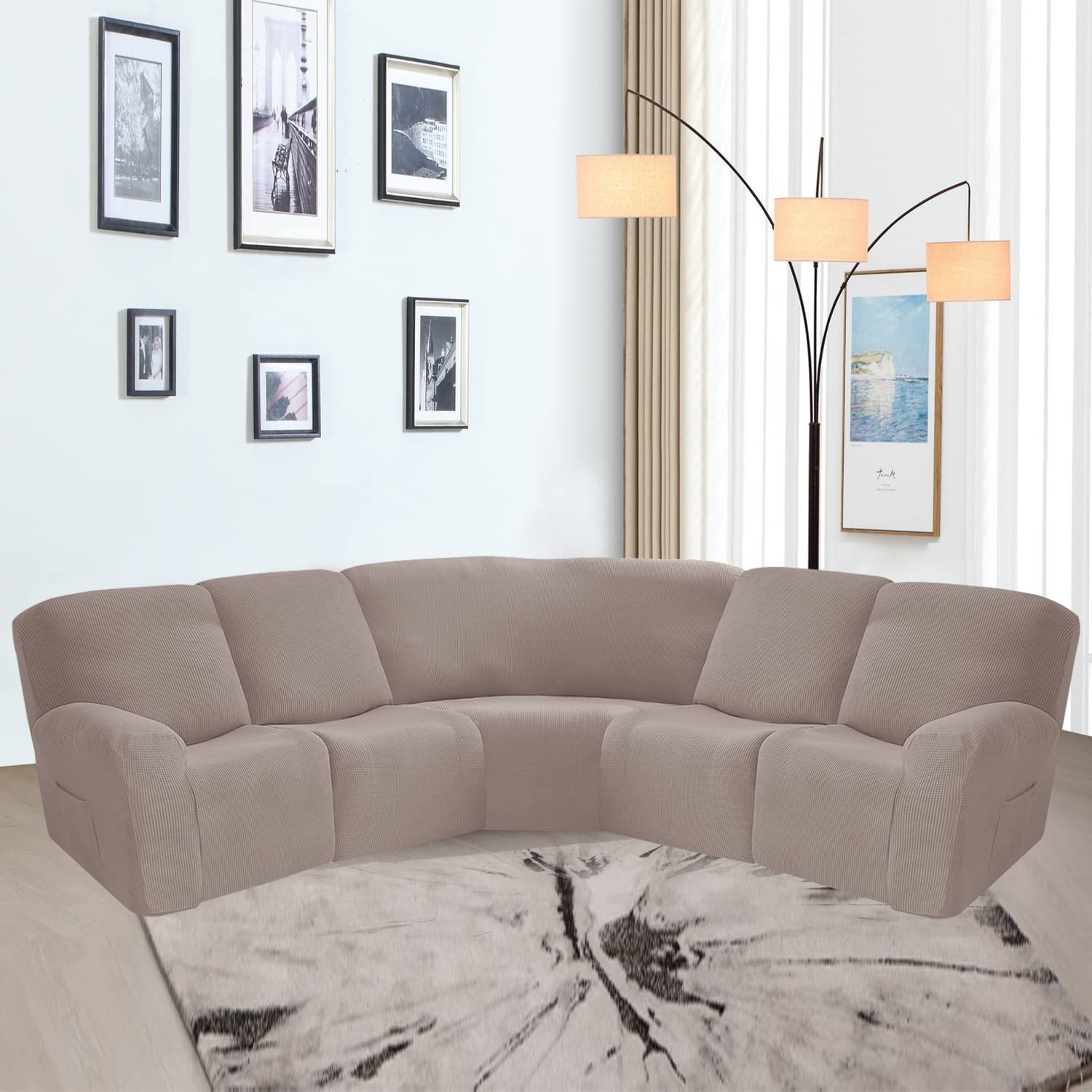 OKYUK 5-Seater Recliner Corner Sofa Cover - Jacquard Stretch Slipcover for L-Shape Reclining Sofa | Thick, Soft, Washable & Durable Furniture Protector in Light Brown | Perfect for Living Room, Family Room & Home Theater Seating