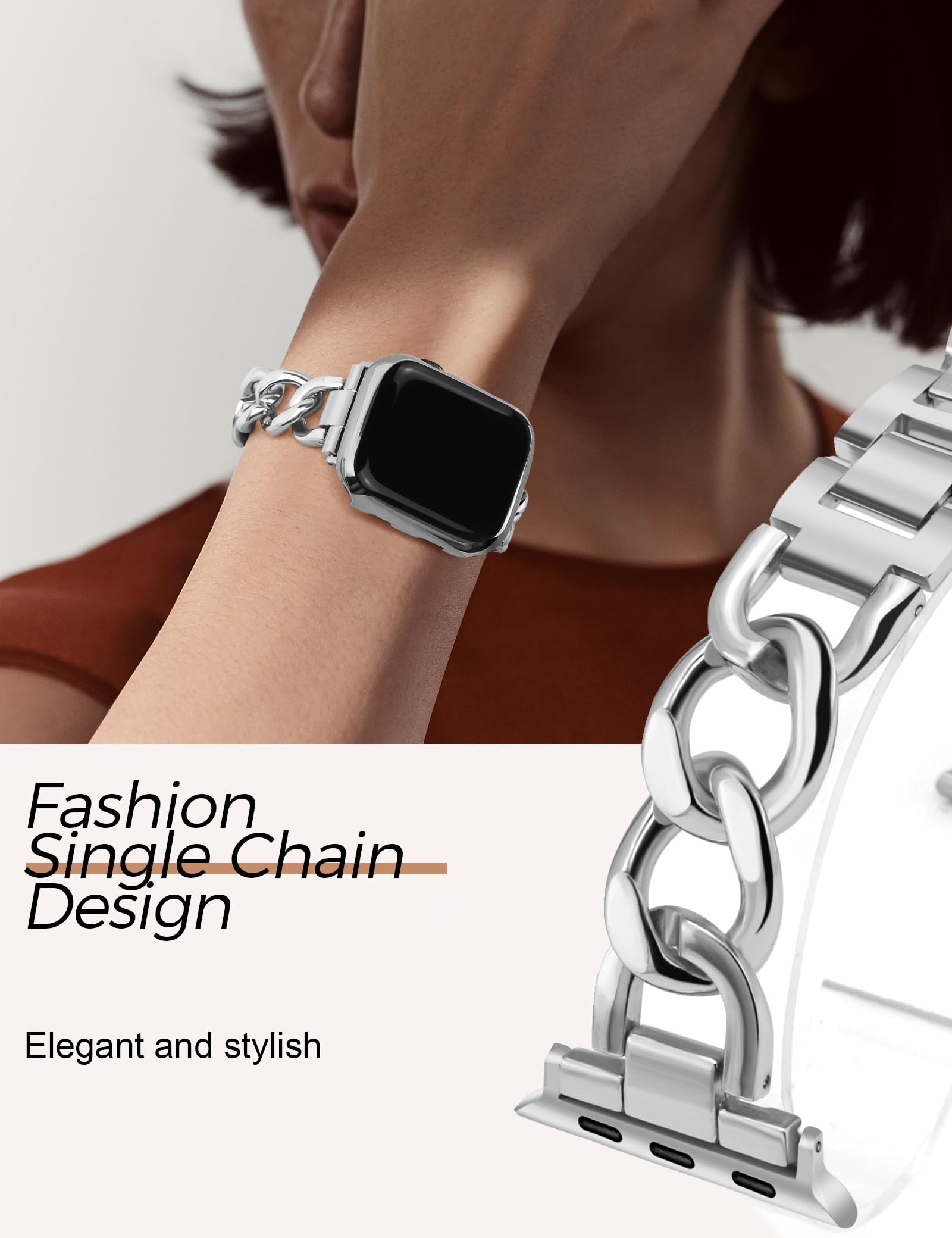 JR.DM Silver Stainless Steel Watch Band for Women - Compatible with Apple Watch 38mm/40mm/41mm/42mm (Series 10/9/8/7/6/5/4/3/2/1/SE) - Adjustable Metal Bracelet with Cowboy Chain Design - Perfect for Work, Gym & Everyday Wear