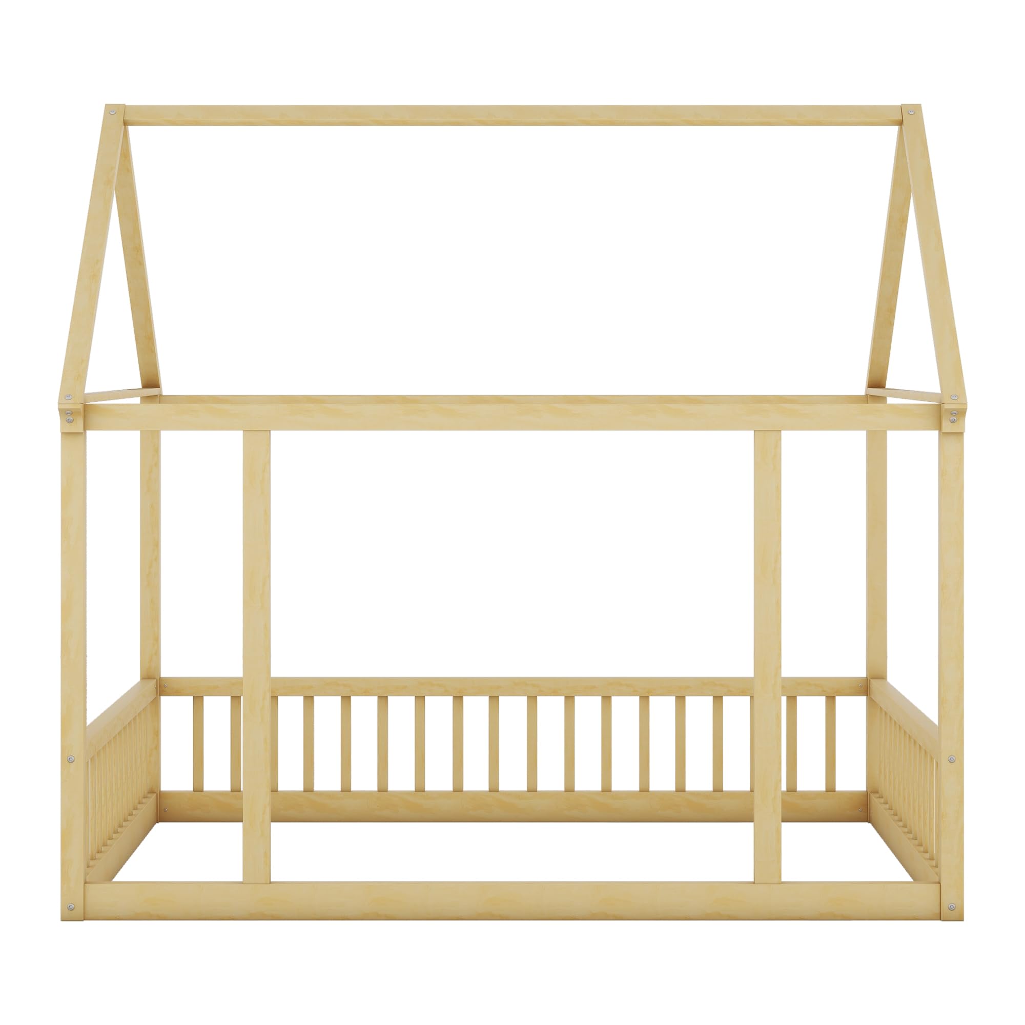 Bellemave Full Size Floor Bed for Kids - Wooden House Bed Frame with Safety Fence, Montessori Style Playhouse Bed for Boys & Girls - Perfect for Bedrooms, Playrooms & Montessori Learning Environments