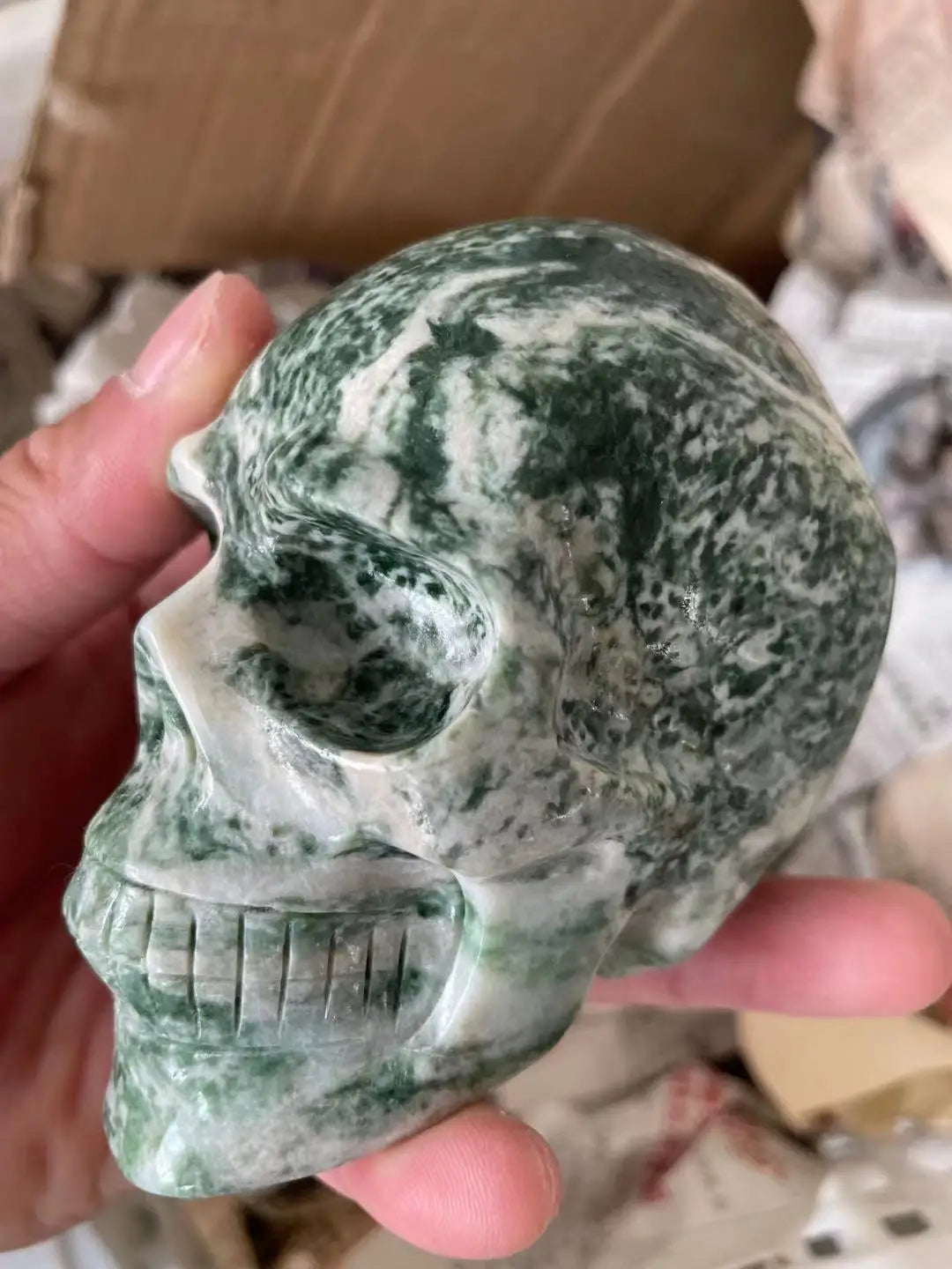 African Green Skull Statuettes - Hand-Carved Natural Stone Healing Decor, Realistic Mineral Sculpture for Home & Office | Spiritual Healing, Meditation & Gothic Decor