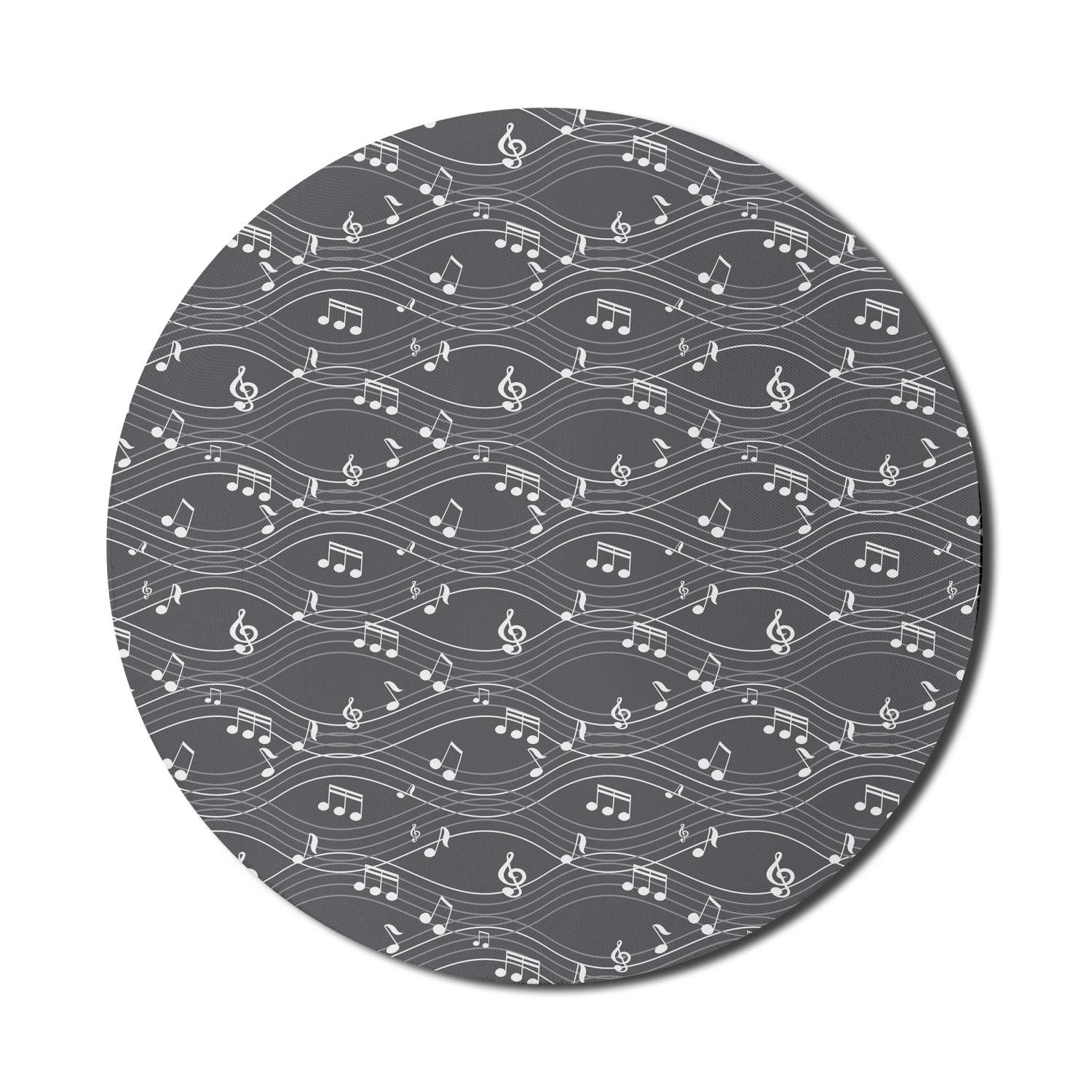 Ambesonne Music Themed Round Mouse Pad - Non-Slip Rubber Gaming Mousepad with Abstract Wavy Stripes & Musical Notes Design, 8 Inch, Dimgray & White - Perfect for Computer Workstations, Gaming Setups & Music Lovers