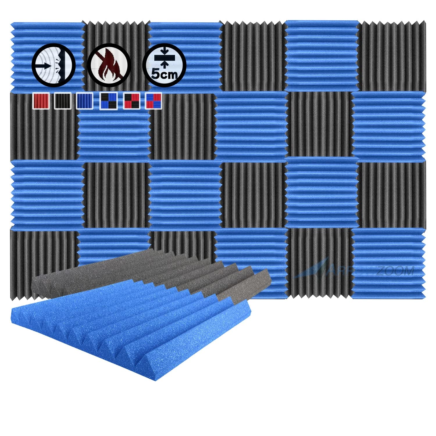 24-Pack Super Dash 50x50x5cm Black & Blue Acoustic Foam Panels - Studio Soundproofing Wedge Tiles for Home & Professional Recording Studios (DD1134) - Perfect for Vocal Booths, Podcast Rooms & Home Theaters