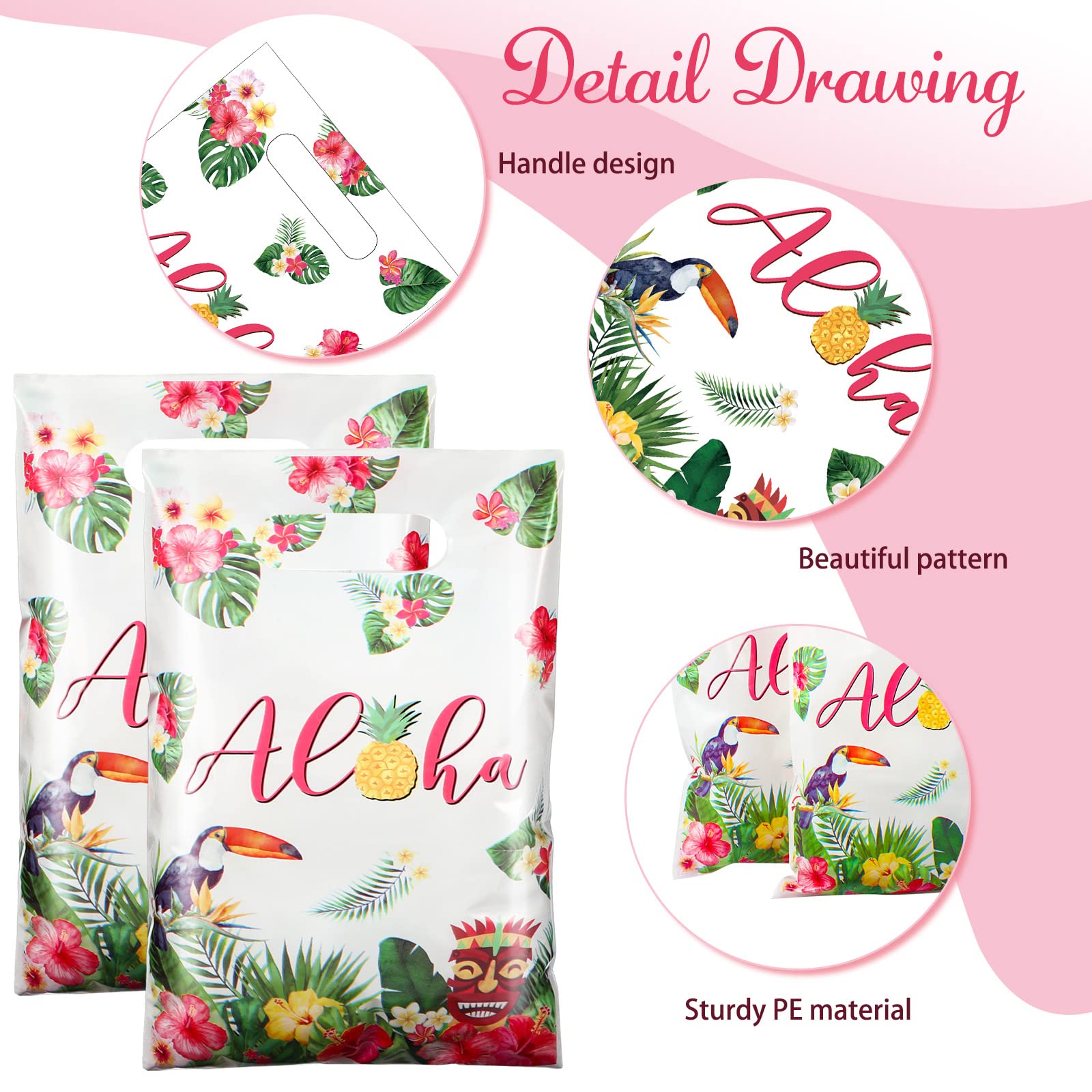 PerKoop 100 Pcs Hawaiian Plastic Gift Bags with Die-Cut Handles - Tropical Aloha Party Supplies for Summer Luau, Tiki Theme & Beach Celebrations | Perfect for Hawaiian-Themed Parties, Luau Favors & Tropical Decorations