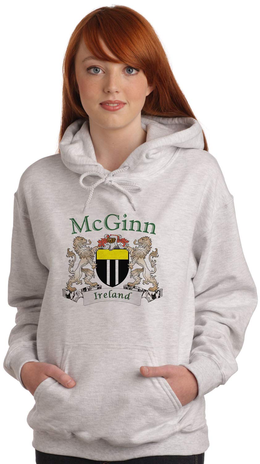 Authentic McGinn Irish Coat of Arms Hooded Sweatshirt - Soft Ash Grey Pullover for Men & Women | Perfect for St. Patrick's Day, Irish Heritage Events & Casual Wear