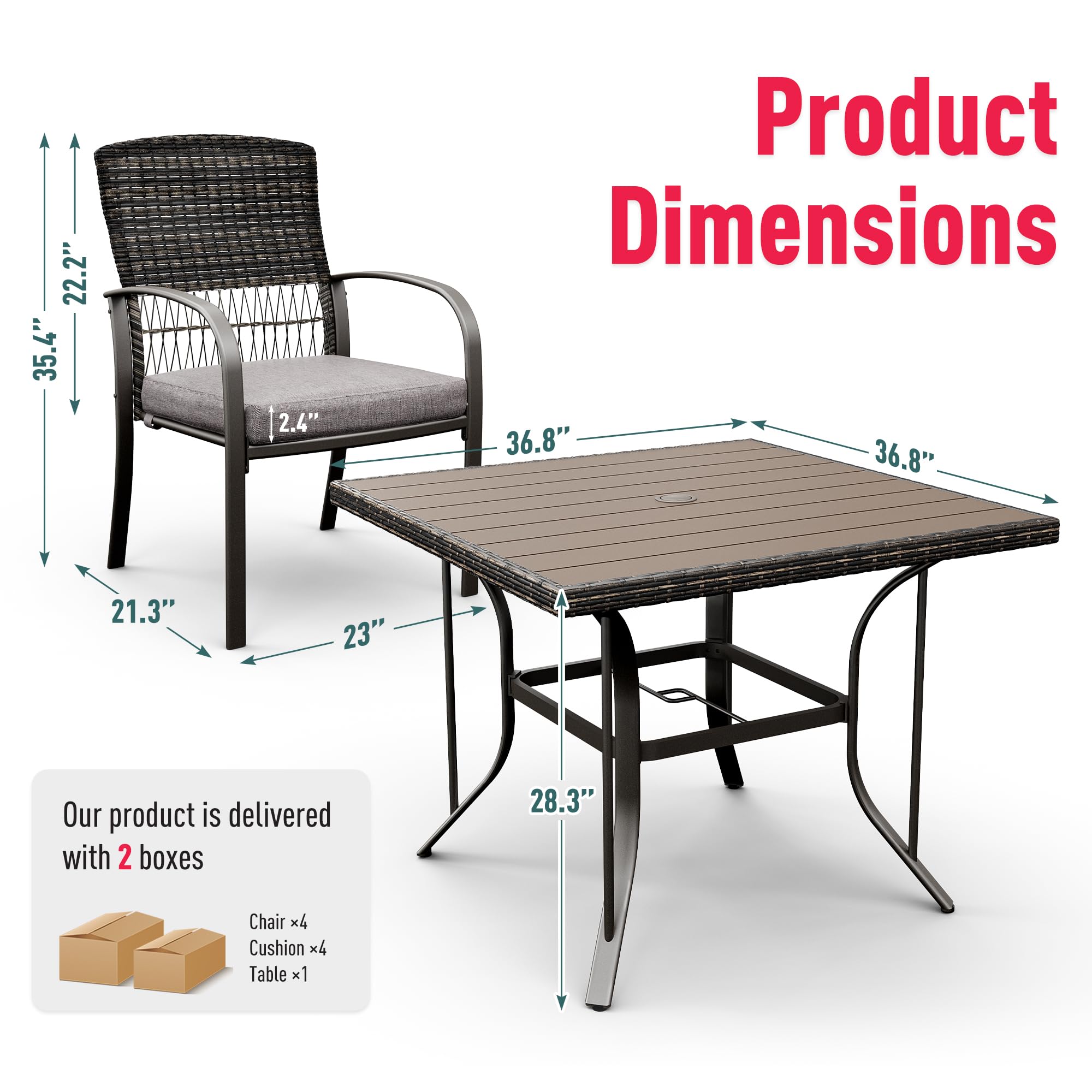 All-Weather Rattan Patio Dining Set for 4 with Umbrella Hole - Gray Outdoor Table & Chairs with Removable Waterproof Cushions, Durable Plastic-Wood Furniture for Backyard, Garden, Poolside or Terrace