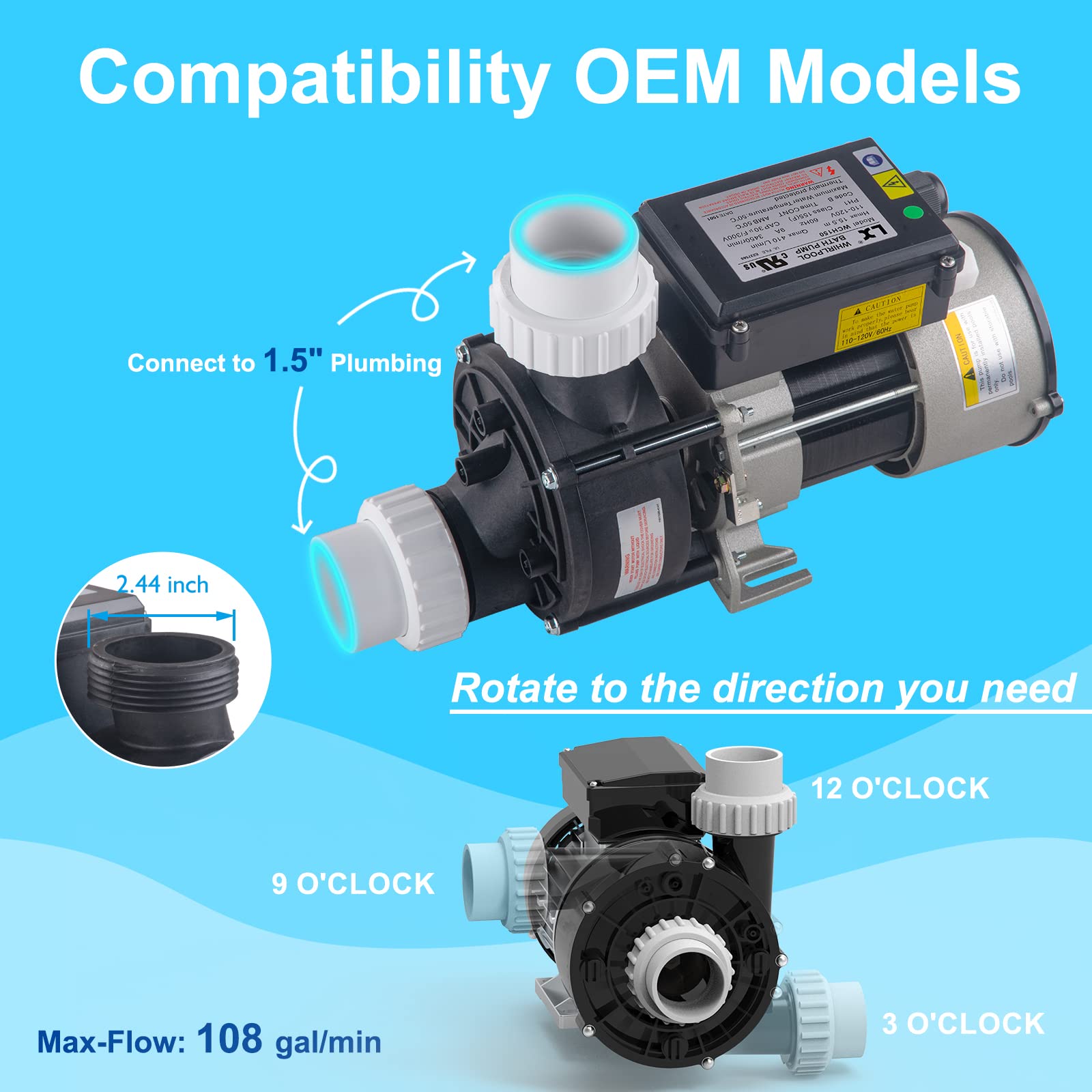 1.5HP Water Pump for Bath & Hot Tub - 110V-120V LX Pump Motor with 1.5
