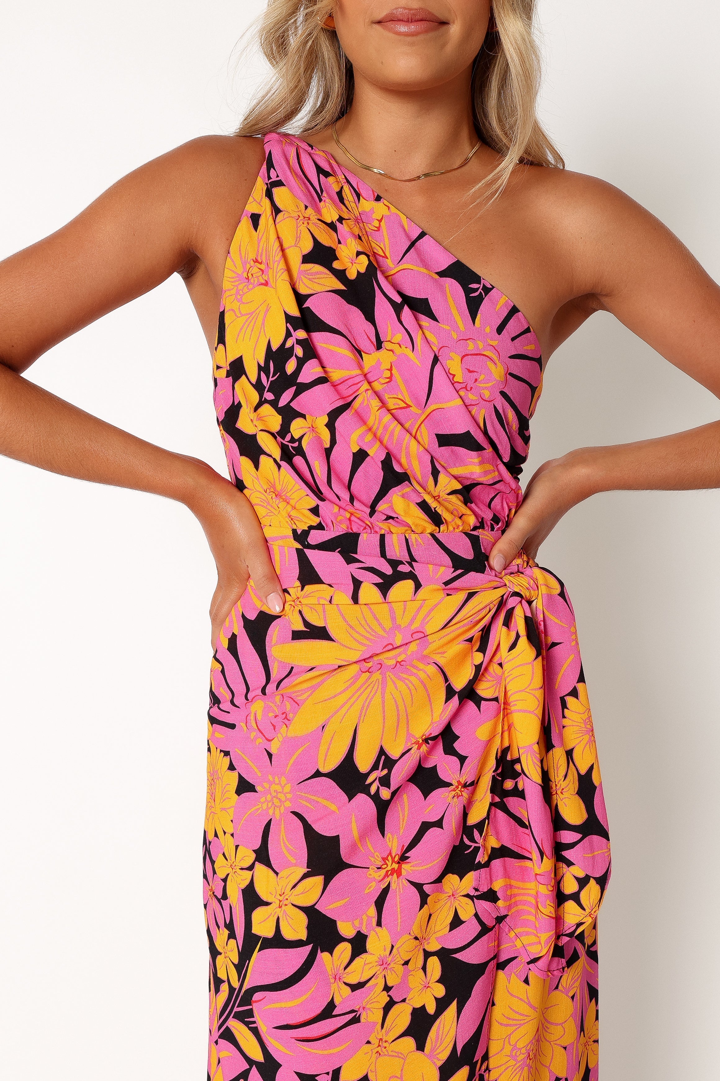 Clara One Shoulder Midi Dress - Black Floral Print Women's Party Dress for Evening Events, Cocktail Parties & Date Nights