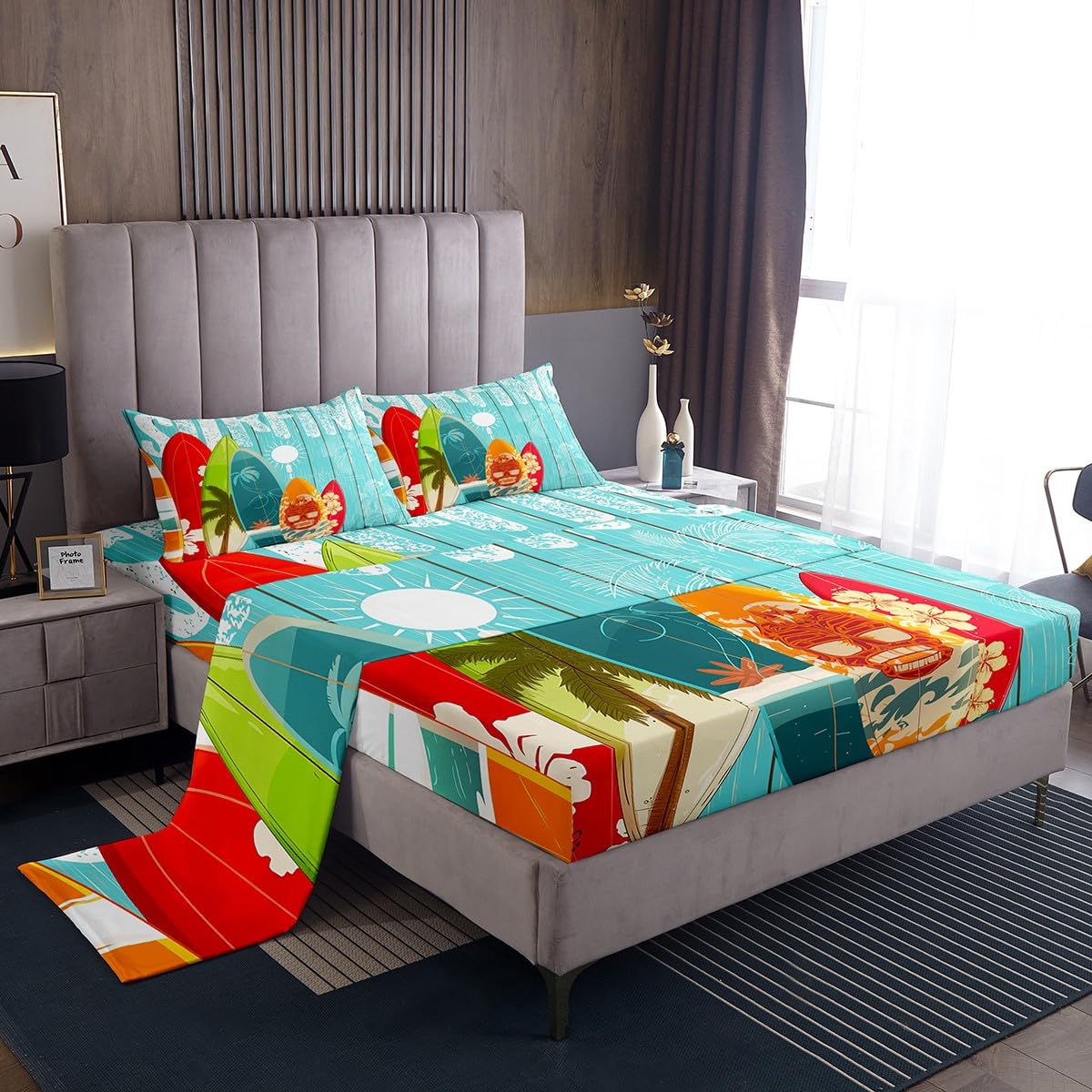 **Castle Fairy Summer Surfing Bed Sheets for Kids - 3-Piece Twin Size Set with Deep Pocket Fitted Sheet, Flat Sheet & Pillow Sham - Colorful Surfboard & Palm Leaves Design - Perfect for Boys' Bedroom, Beach-Themed Decor & Summer Vibes**
