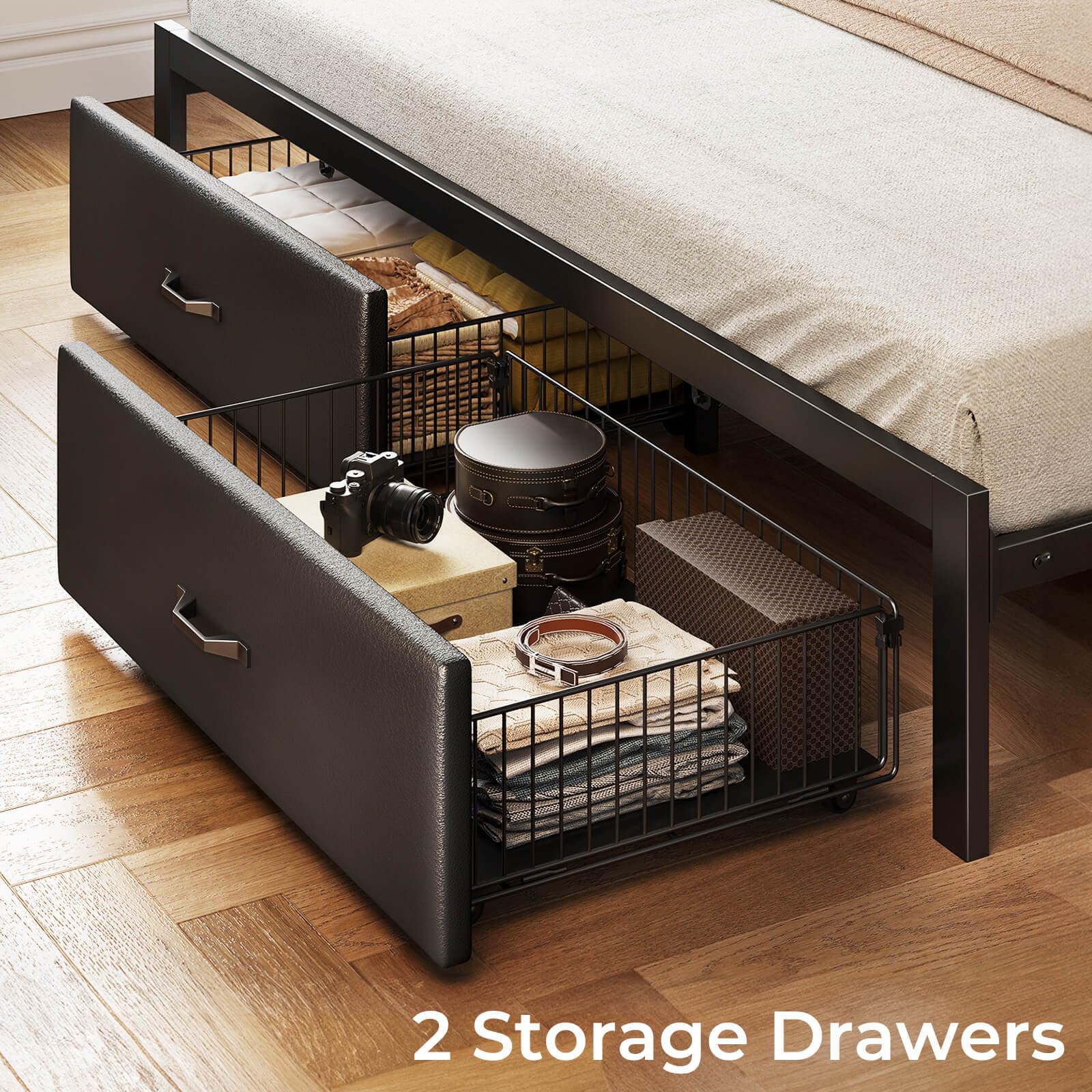 Rolanstar Full Size Upholstered Platform Bed Frame with Storage Drawers, USB Charging Station & LED Headboard - Heavy Duty Metal Frame, No Box Spring Needed, Noise Free, Black - Perfect for Small Bedrooms, Guest Rooms & Modern Apartments
