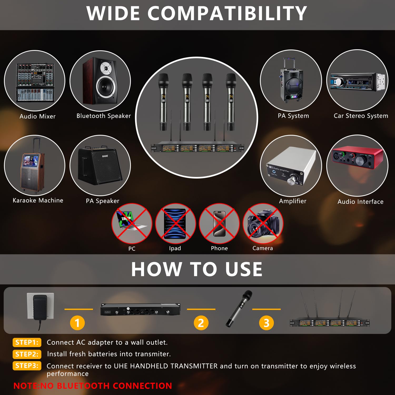 Professional 4-Channel Wireless Microphone System with Auto Scan - 328ft Range, 2/4 Handheld Dynamic Mics for Singing, Church, DJ Party & Karaoke | Perfect for Live Performances, Worship Services & Events (KS-780)