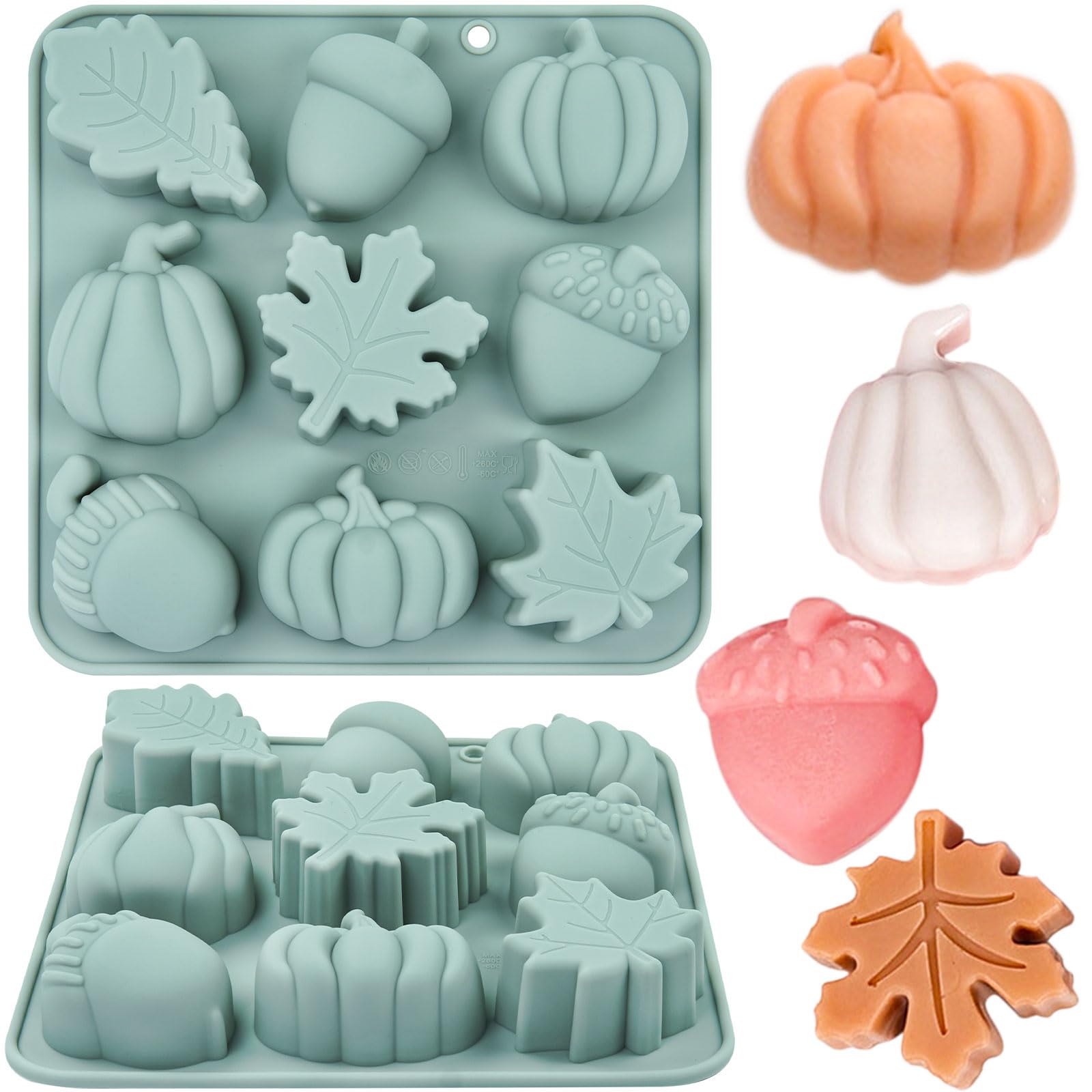 2 Pack 3D Pumpkin Silicone Mold Set - Halloween Thanksgiving Fall Baking Molds for Candy, Chocolate, Cake, Cupcake, Ice Cube & Soap Making - Harvest Theme with Maple Leaf & Acorn Designs (Grey-B) - Perfect for Autumn Parties, DIY Desserts and Holiday Decorations