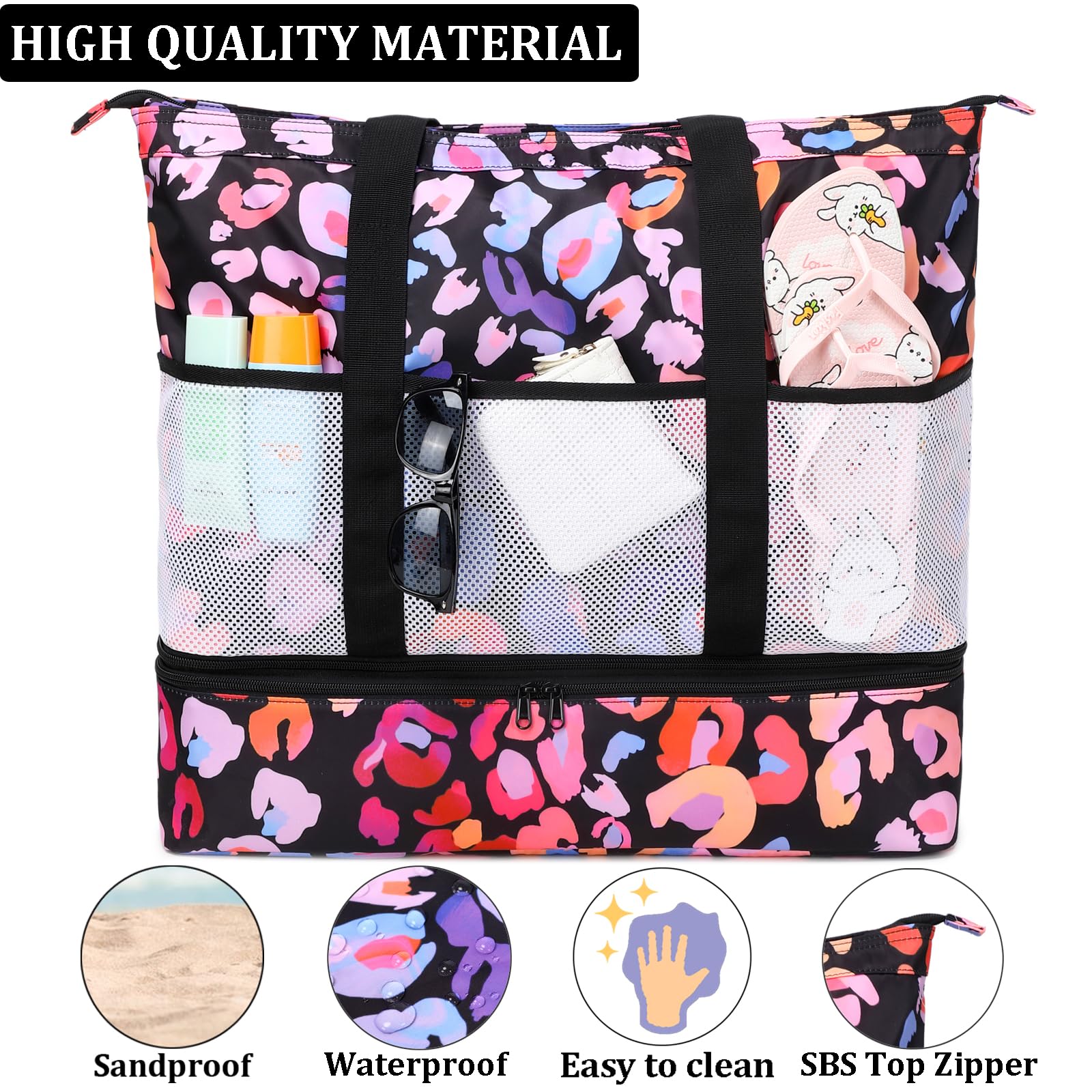 Waterproof Beach Tote Bag for Women with Cooler - Sandproof Pool Travel Tote