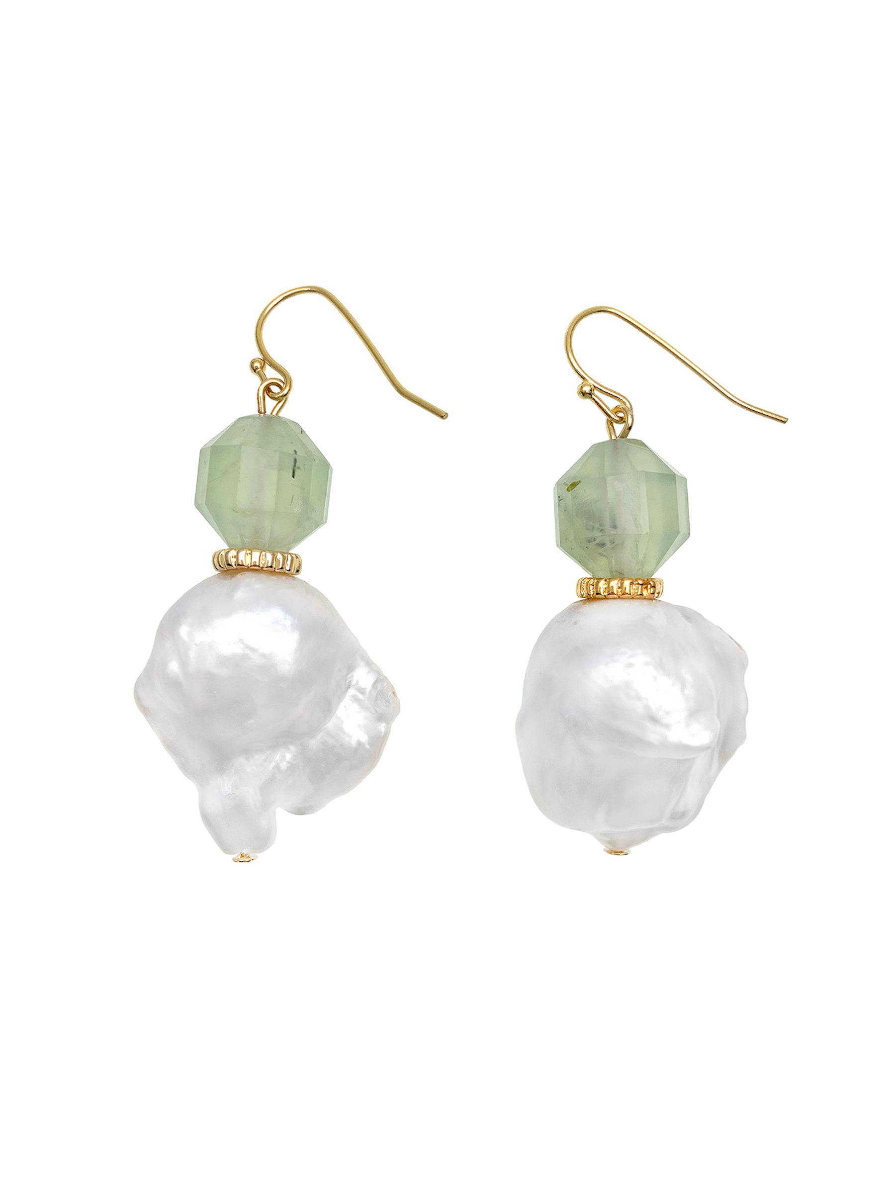 Prehnite and Baroque Pearl Hook Earrings EE002 – Elegant Dangle Earrings for Women, Perfect for Weddings, Parties & Everyday Wear