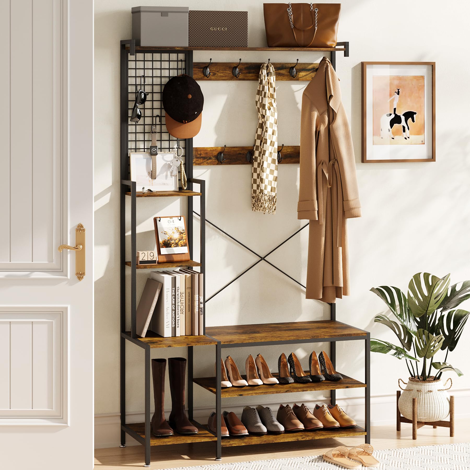 AMBIRD Entryway Hall Tree with Shoe Storage Bench - Coat Rack with 9 Hooks, Metal Grid Panel & Shelves - Rustic Brown & Ink Black (41