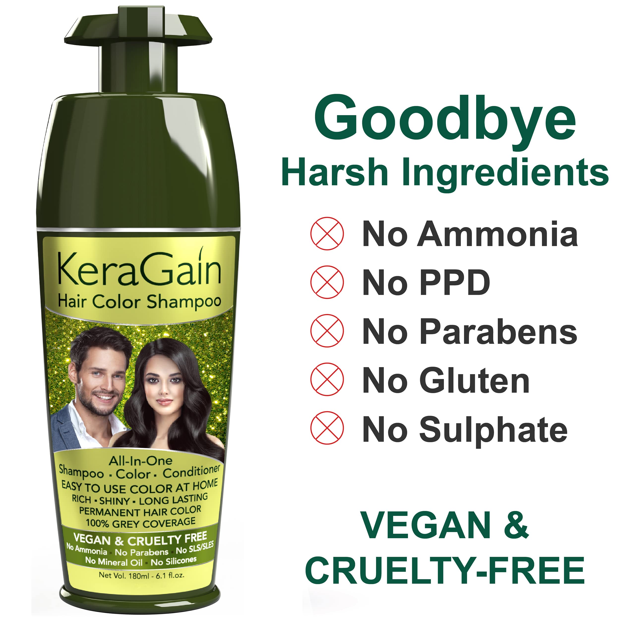 KeraGain Permanent Hair Dye Shampoo - Darkest Brown (180ml) | Ammonia & PPD Free Hair Color for Women & Men | 100% Gray Coverage Lasts 8 Weeks | Infused with Argan Oil, Onion Oil & Vegan Keratin | Perfect for At-Home Hair Coloring & Touch-Ups