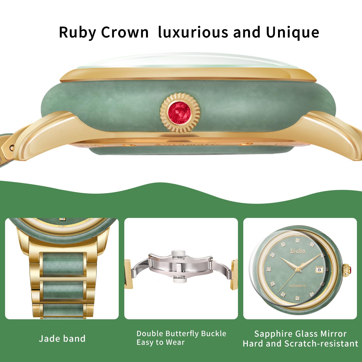 Diella Women's Luxury Automatic Mechanical Dress Watch - Gold & Green Jade Stainless Steel Watch for Ladies (Model AD6001L) | Perfect for Formal Events, Business Meetings & Special Occasions