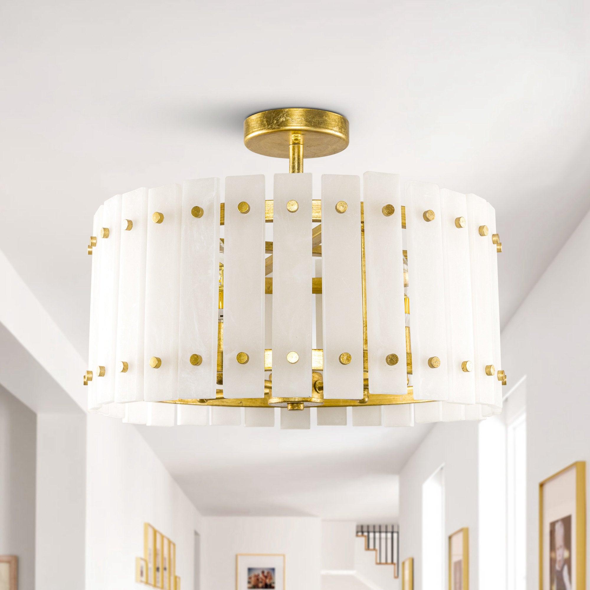 4-Light Modern Drum Marble Semi-Flush Mount Ceiling Light Fixture - Elegant Lighting for Bedroom, Living Room, Dining Room & Hallway