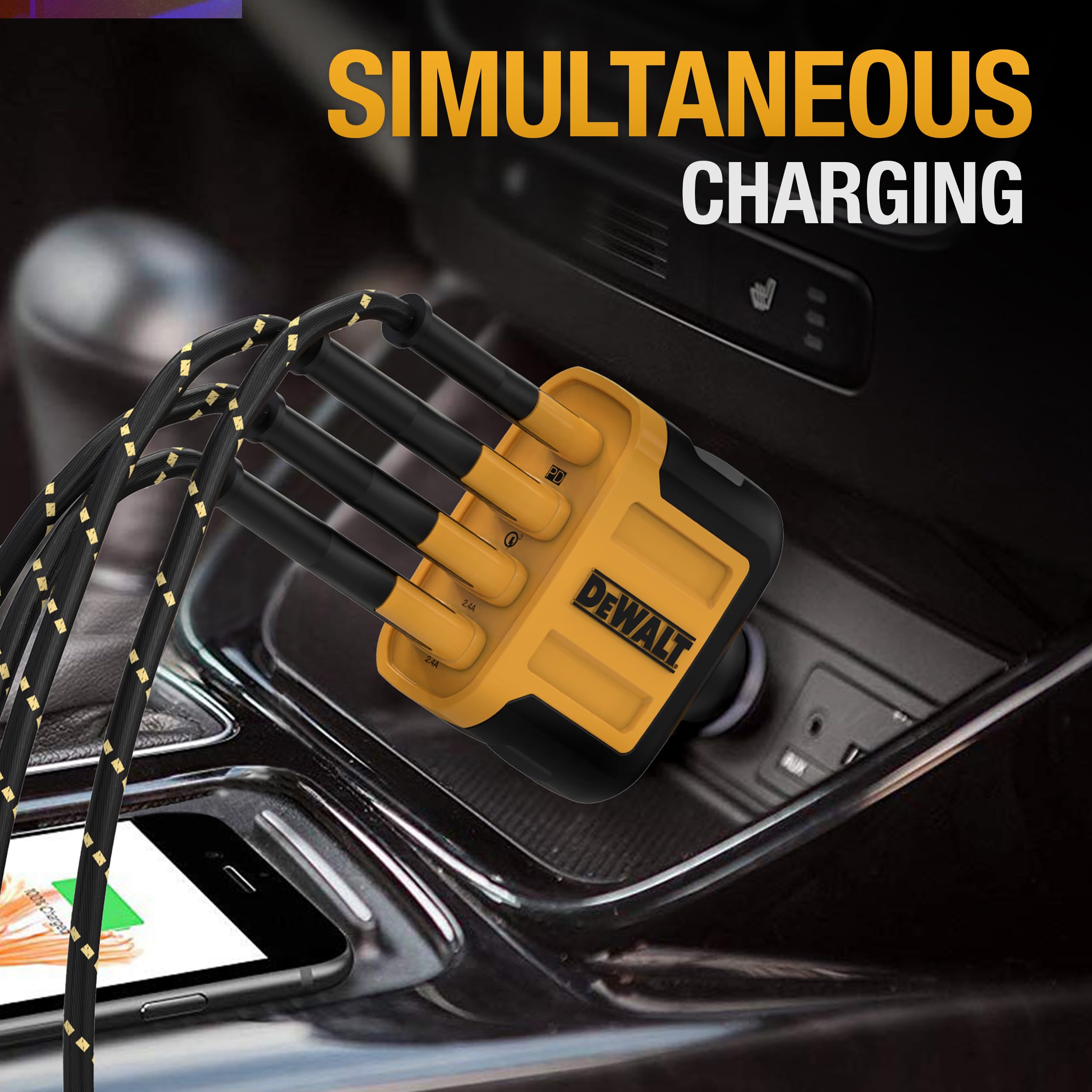 DEWALT Wireless Bluetooth Neckband Headphones with Noise Cancellation & 60W 4-Port Fast Car Charger Combo - Perfect for Construction Workers, Truck Drivers and Outdoor Adventures