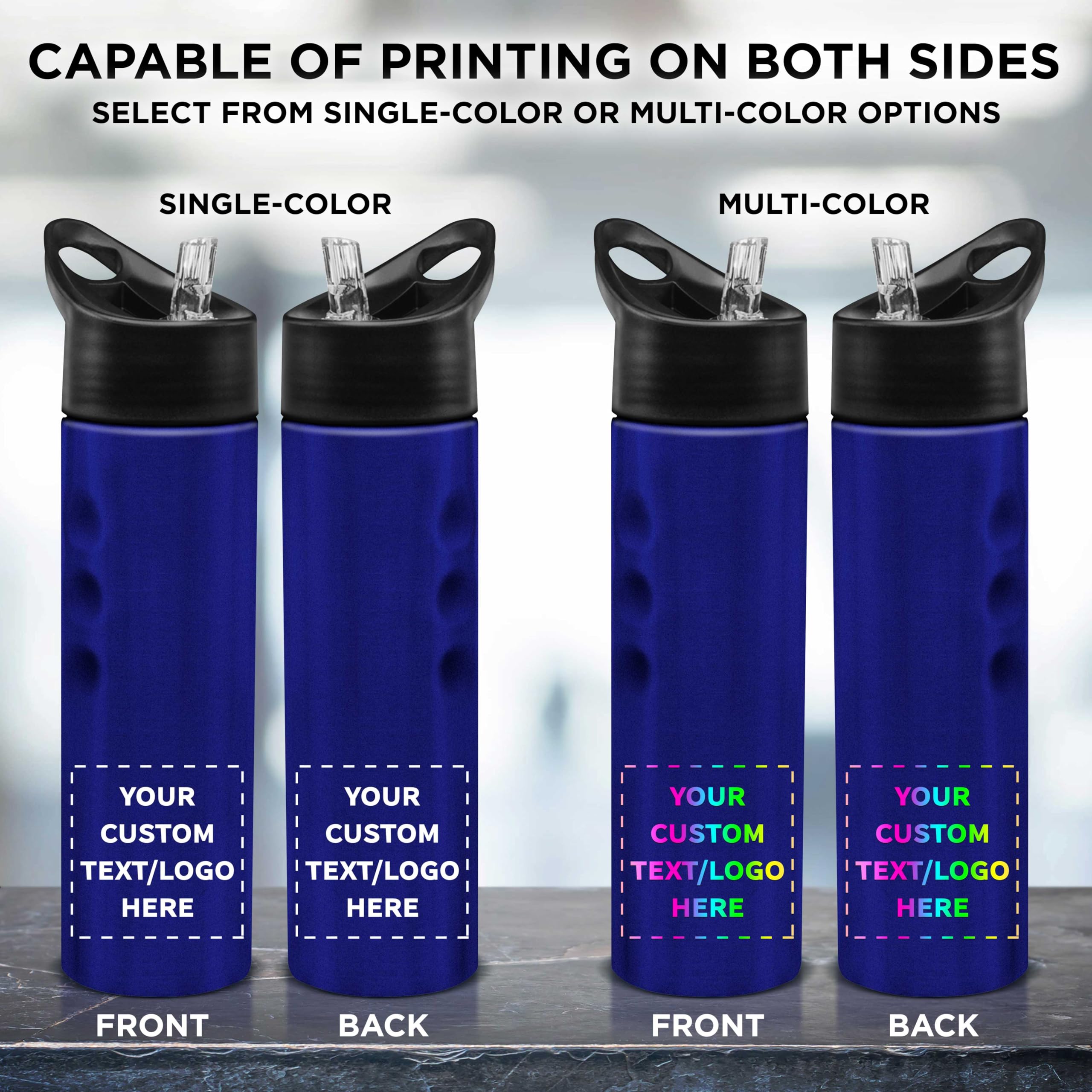 Custom Slim Stainless Steel Water Bottles 25oz (12 Pack) - Personalized Text & Logo - Reusable Gym & Sports Bottles - Bulk Pack - Blue - Perfect for Workouts, Hiking, Office & Outdoor Activities