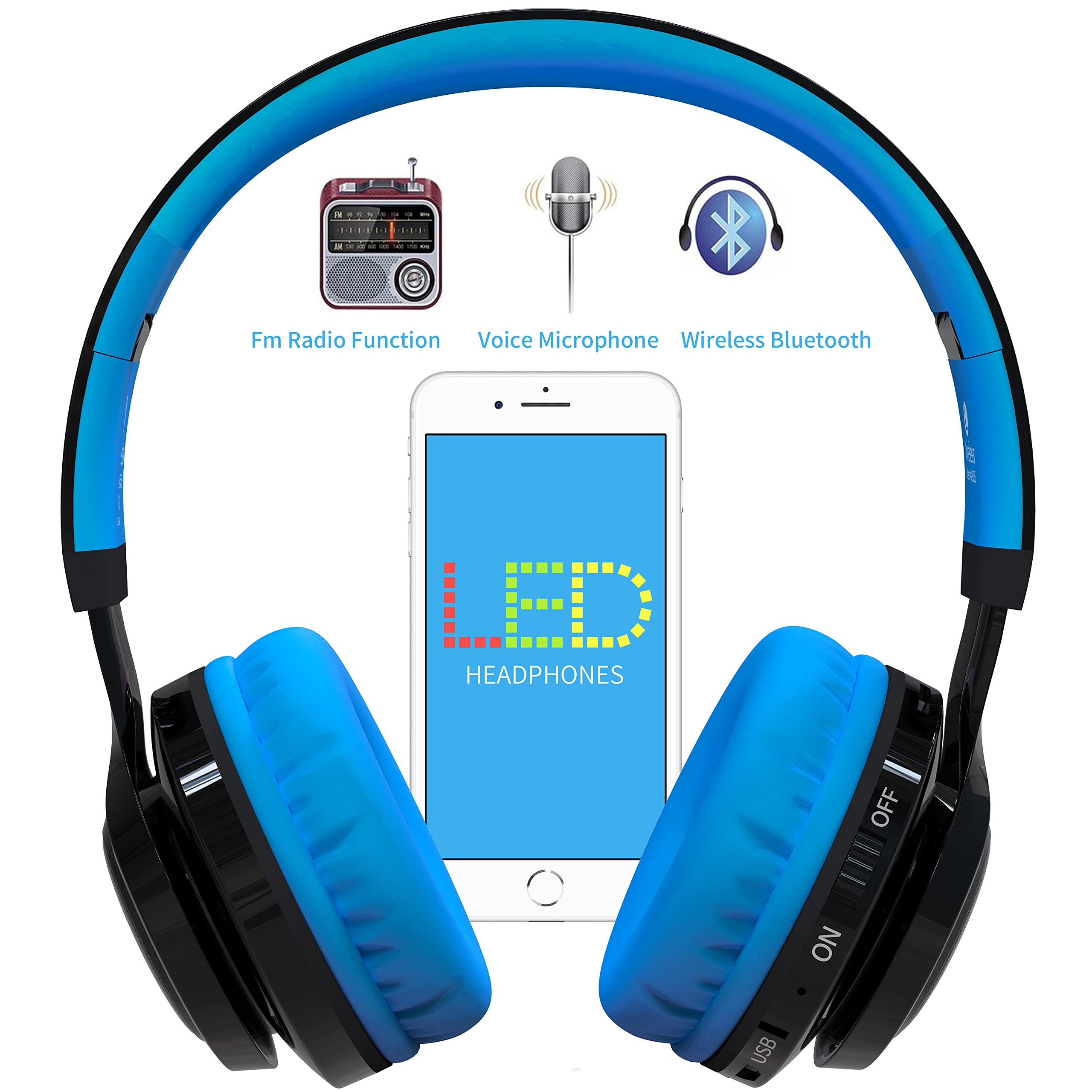 Riwbox AB005 Kids Wireless Bluetooth Headphones V5.2 with Microphone, Foldable Design, TF Card Slot, FM Radio & LED Lights - Compatible with Phones, PC, TV (Black & Blue) - Perfect for School, Travel, and Home Entertainment