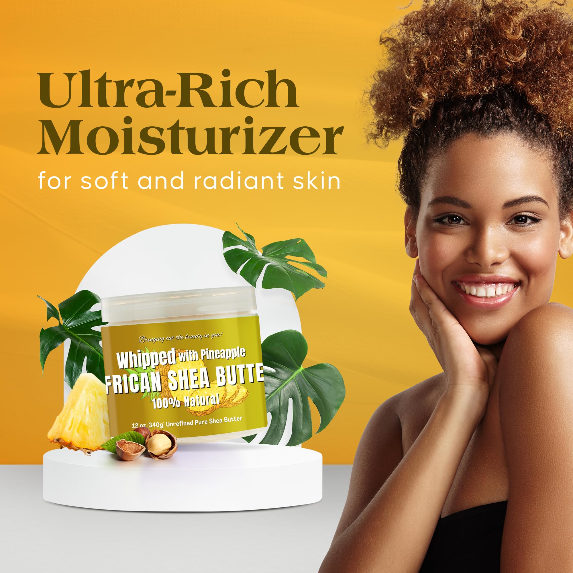 Organic Whipped Shea Butter with Pineapple Extract - 12oz | 100% Pure Natural African Shea Butter for Dry Skin & Hair Care - Handmade Moisturizer with Vitamin E for Soft Glowing Skin & Healthy Hair - Perfect for Daily Body Lotion, Face Cream & Hair Mask
