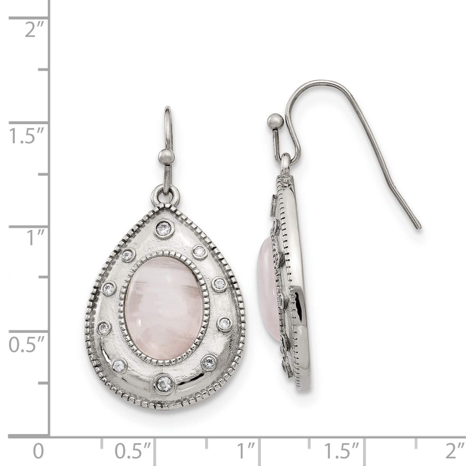 Stainless Steel Polished Rose Quartz & CZ Shepherd Hook Earrings for Women - Elegant Dangle Earrings for Date Night, Wedding & Party Jewelry