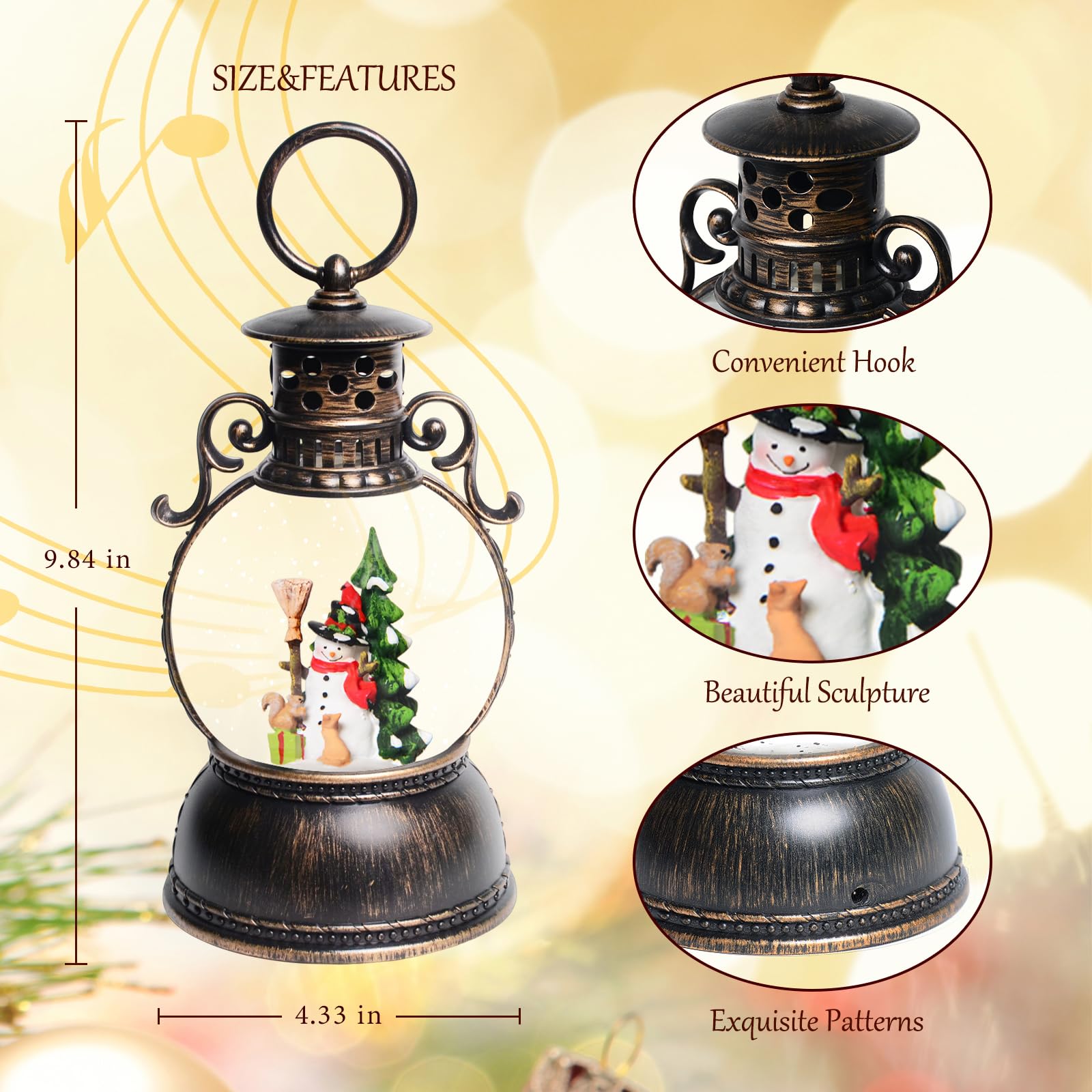 Christmas Snow Globes with Snowman Lantern - 8 Holiday Songs, 6H Timer, Battery/USB Powered Glitter Music Box for Festive Table Decor | Perfect for Holiday Parties, Home Decor & Gift Giving