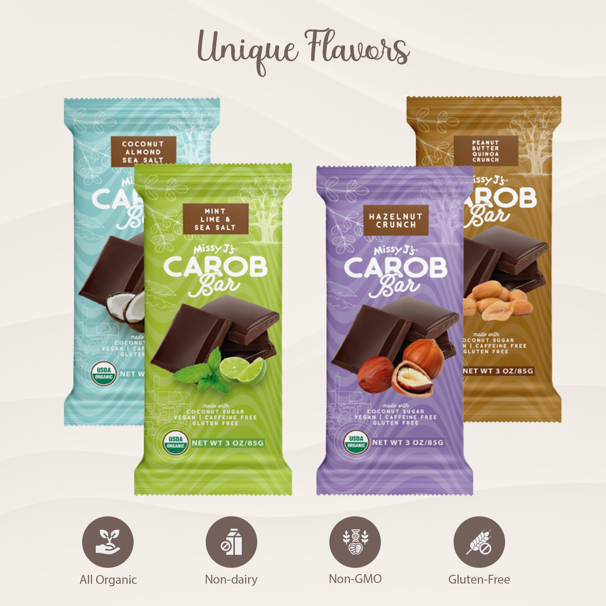 Organic Carob Bars 4-Pack - Vegan, Gluten-Free, Healthy Chocolate Substitute for Snacks & Desserts