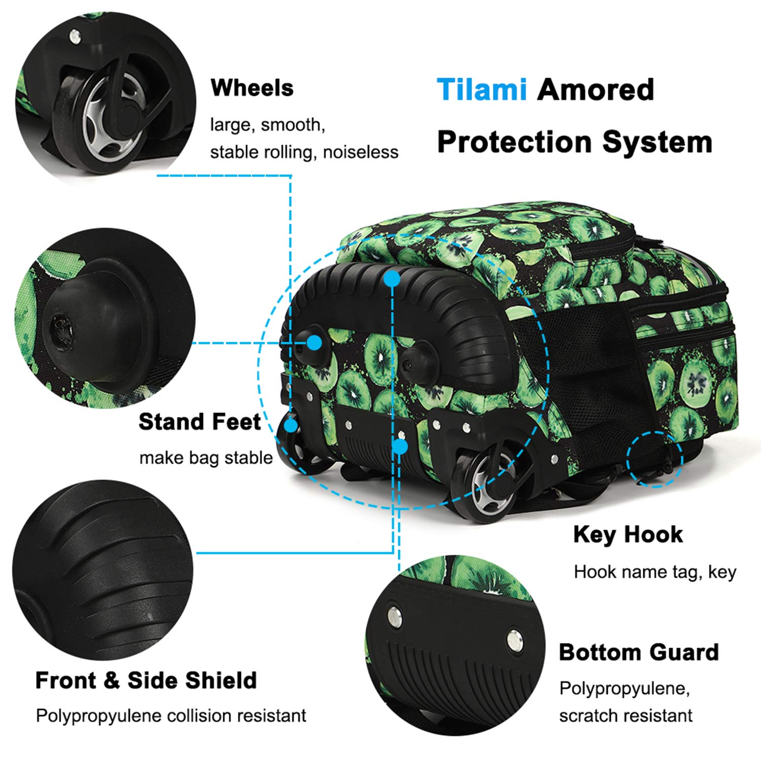 Tilami 19 Inch Rolling Backpack with Wheels - Wheeled Laptop Backpack with Detachable Lunch Bag (Kiwi Green) - Perfect for School, College, Business Travel & Commuting