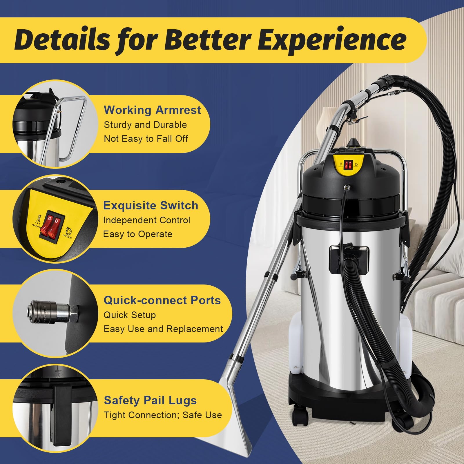 11 Gallon Commercial Carpet Cleaner Machine - 1034W Heavy Duty Carpet Shampooer & Extractor for Deep Cleaning Carpets, Sofas, Curtains - Ideal for Car Detailing, Home & Office Steam Cleaning