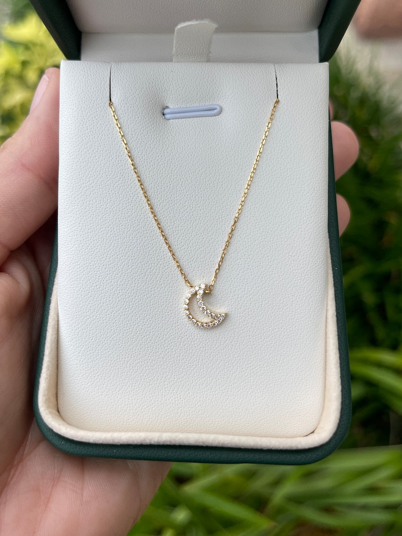 0.20tcw Natural Diamond Moon Crescent Pendant Necklace in 14K Gold - Elegant Cable Chain for Women's Everyday Wear & Special Occasions