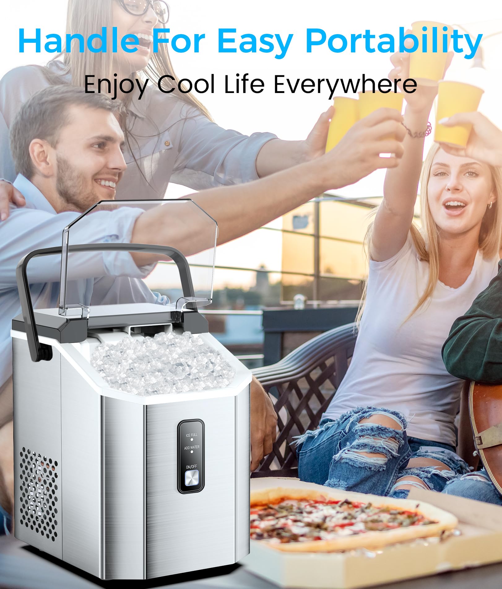 Premium Countertop Nugget Ice Maker - 33lbs/Day, Stainless Steel Portable Ice Machine with Self-Cleaning & Handle | Perfect for Home Bars, Office Breakrooms & Outdoor Parties | Includes Ice Scoop & Basket (Silver)