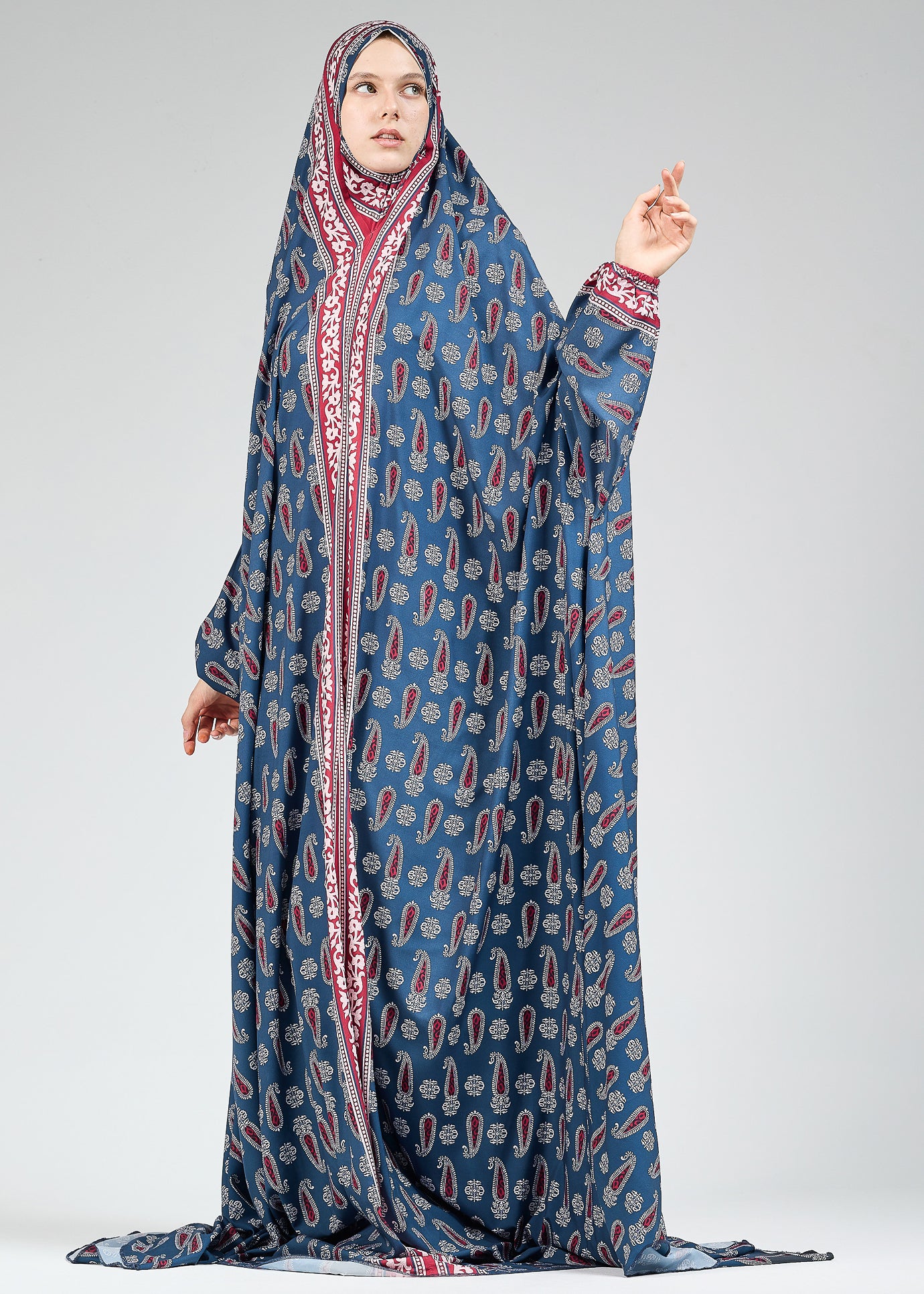 Meera Elegant Satin Prayer Gown with Ornate Paisley Design - Modest Islamic Prayer Dress for Women - Perfect for Salah, Eid, Ramadan & Special Occasions