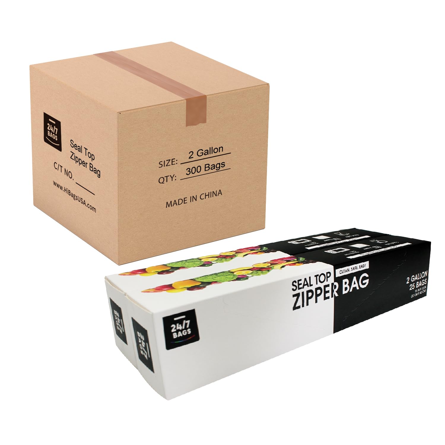 24/7 Bags - 300 Count Heavy Duty 2 Gallon Zipper Storage Bags with Double Seal | BPA-Free, Write-On Space & Easy Grip Tabs | Case Pack of 12 Boxes (25 Bags Each) | Perfect for Food Storage, Organization & Travel Packing