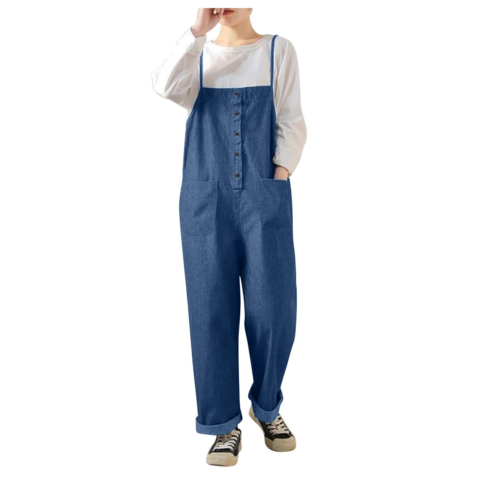 Women's Summer Jumpsuit - Casual Baggy Romper with Suspenders | Solid Color Loose Bib Overalls Dress for Outdoors, Beach & Vacation