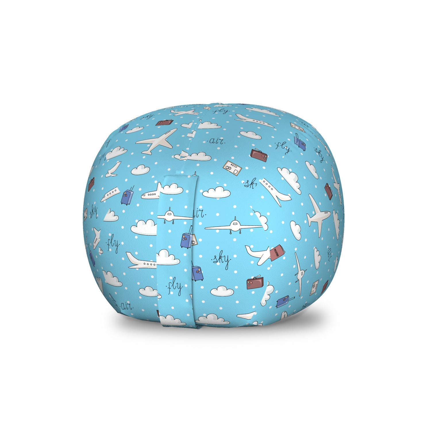 Ambesonne Airplane Toy Storage Bag Chair - Sky Blue Multicolor with Plane & Luggage Pattern - Washable Stuffed Animal Organizer for Kids - Perfect for Playrooms, Bedrooms & Travel