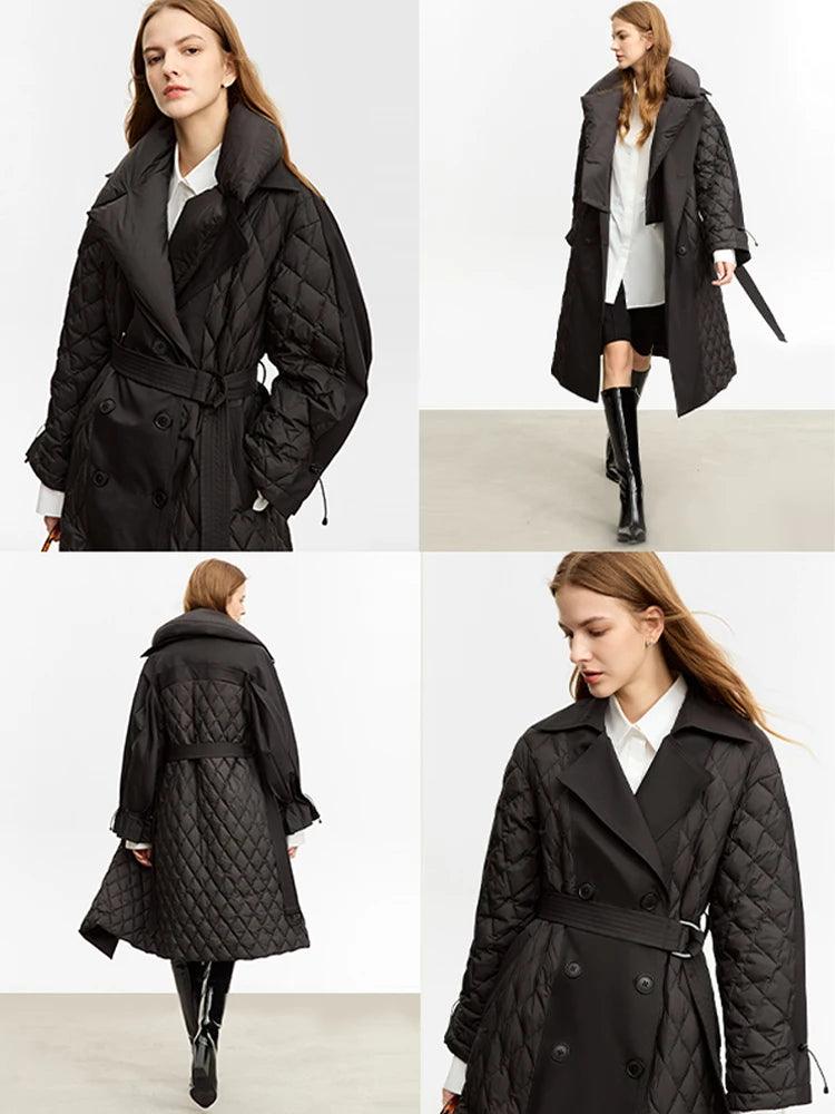 Minimalist Winter Women's Down Coat - Warm Long Double Breasted Jacket with Detachable Faux Fur Collar | Waterproof Windproof Puffer Coat for Cold Weather, Outdoor Activities & Daily Commute