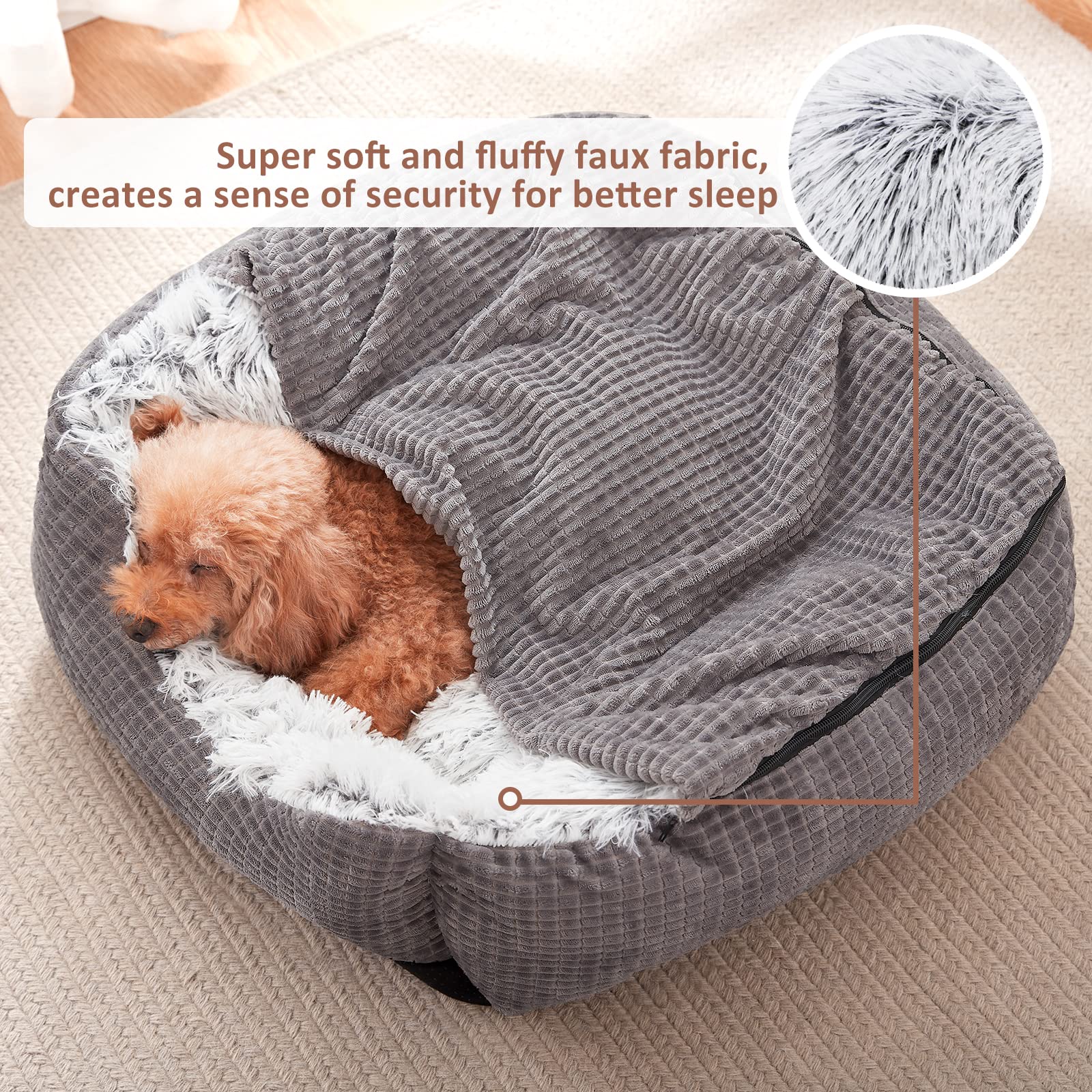 MIXJOY Orthopedic Dog Bed for Small Dogs & Cats - 20 Inch Gray Hooded Cave Pet Bed with Removable Washable Blanket - Warm Cozy Puppy Bed for Indoor Pets - Perfect for Crate, Kennel, or Living Room Use