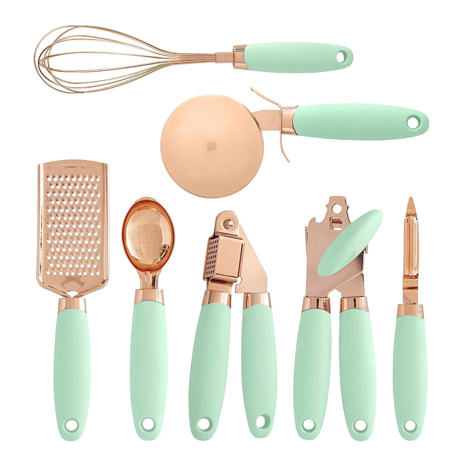 7-Piece Stainless Steel Kitchen Utensil Set with Copper Coating - Can Opener, Pizza Cutter, Whisk, Garlic Press, Peeler, Scooper, Grater - Non-Slip Ergonomic Handles for Safe Cooking - Perfect for Baking, Meal Prep & Everyday Kitchen Use (Mint Green)